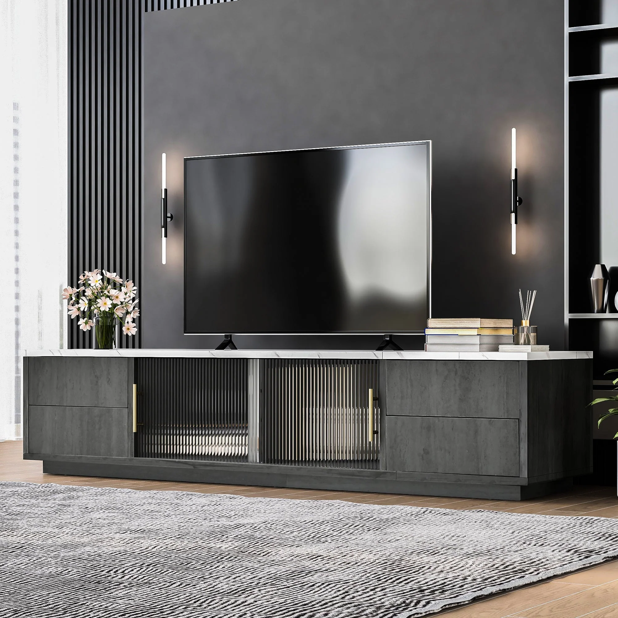 TV Stand 160cm Marbled Top Push-to-Open Drawers - Grey - Image 4