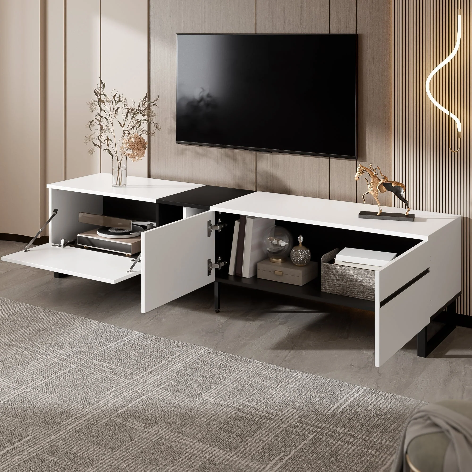 TV Stand 180cm Drop-Down Open Shelves Double Doors - White - Image 4