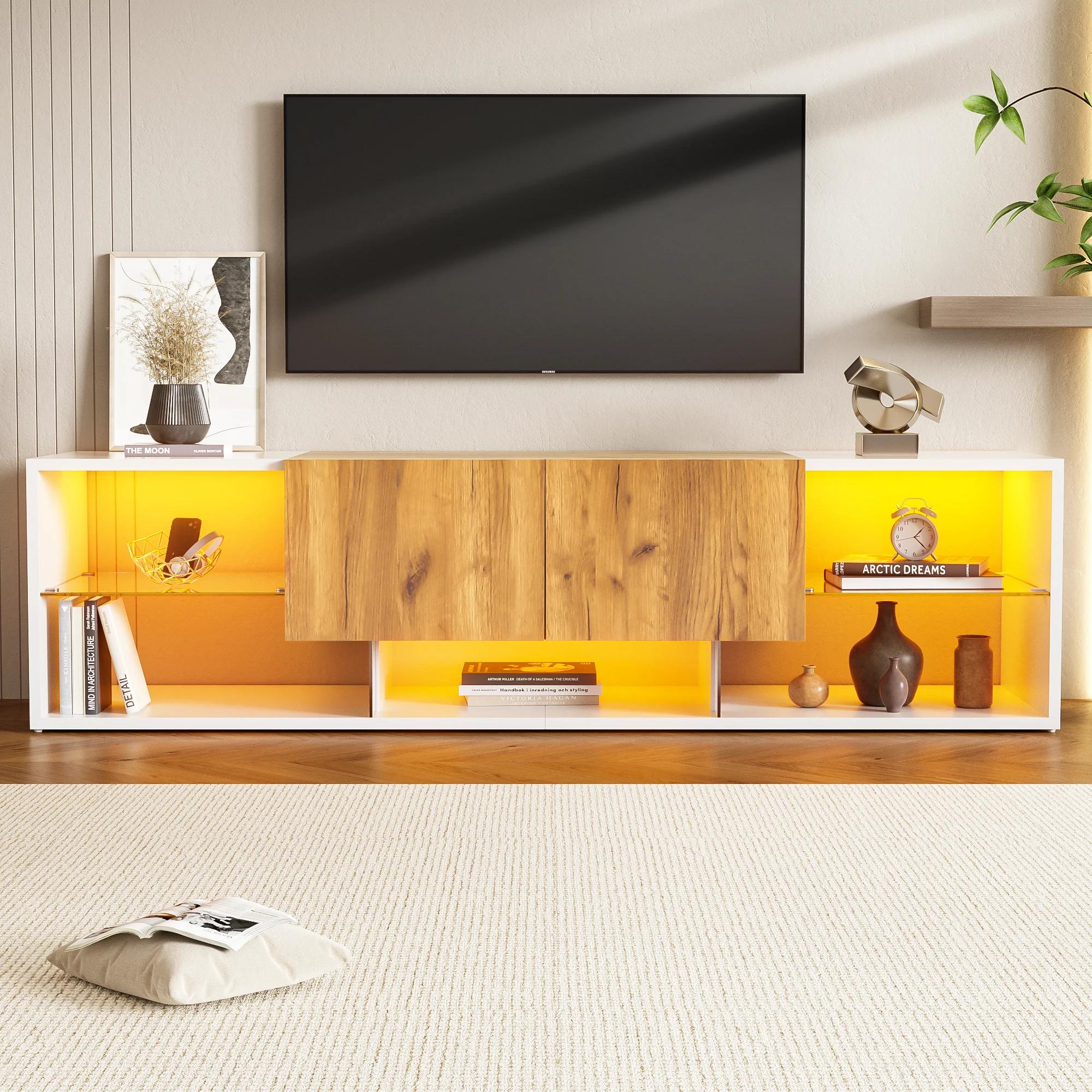 TV Stand 2-Drawer LED for 70 Inch TV, Wood and White MDF - Image 6