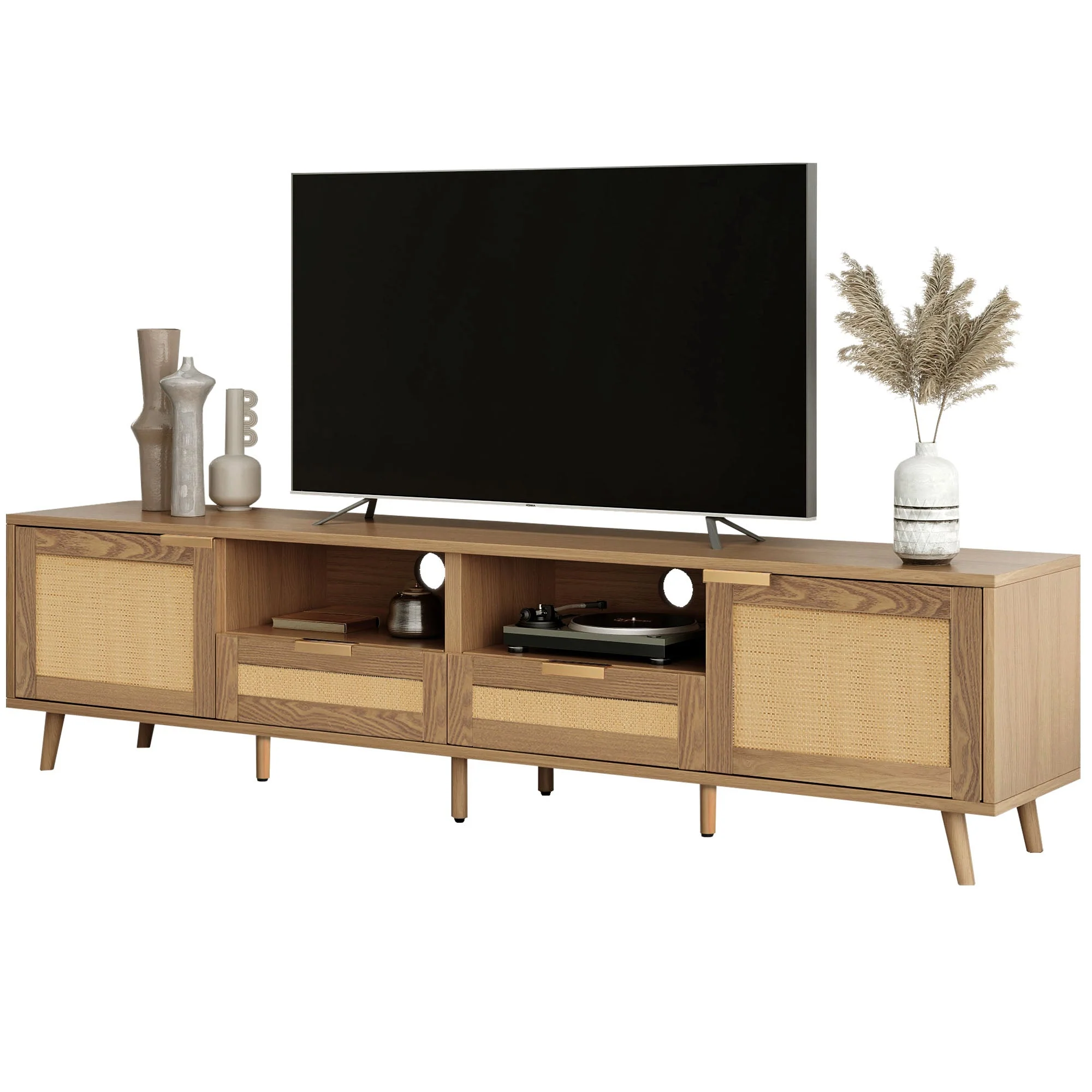 TV Stand, 200x37x49 cm, Rattan Design Plastic & Solid Wood - Image 3