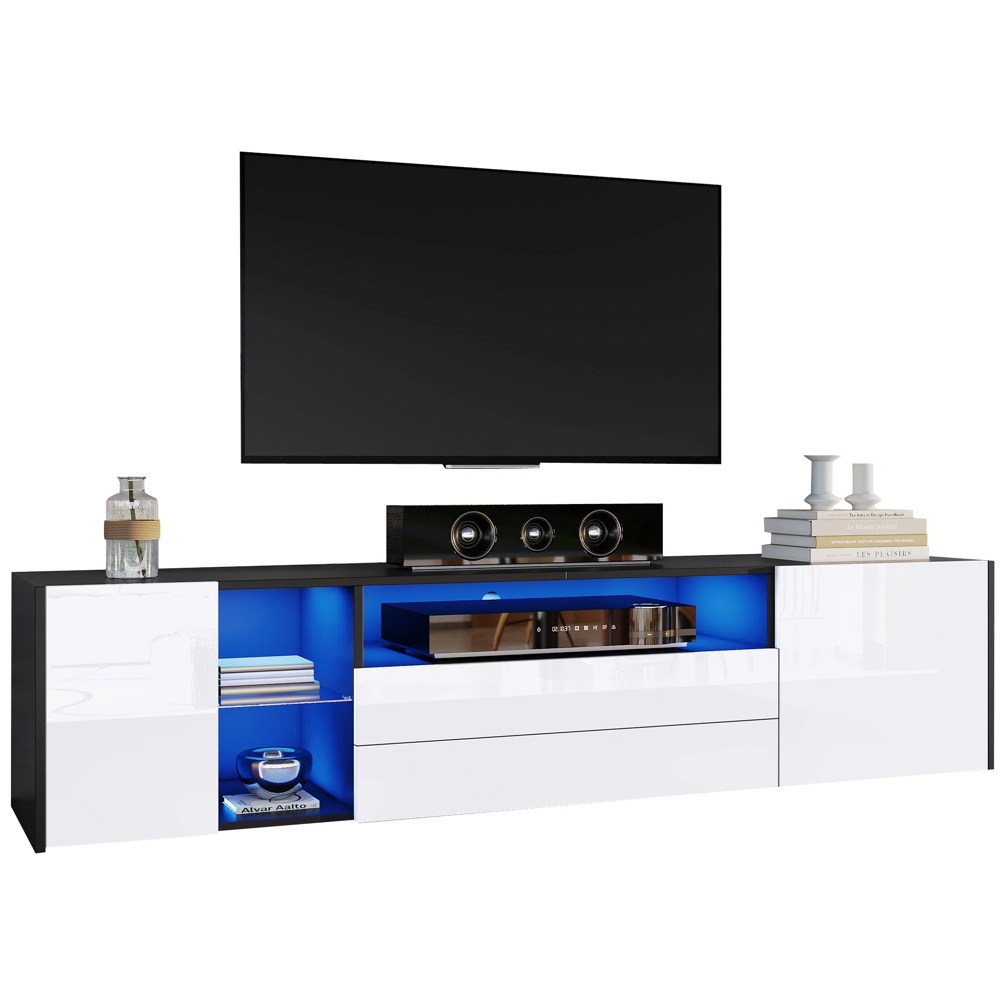 TV Stand Cabinet, 180x40x45cm LED Lowboard with 2 Drawers & 2 Cabinets for 75-inch TVs, Black and White - Image 4