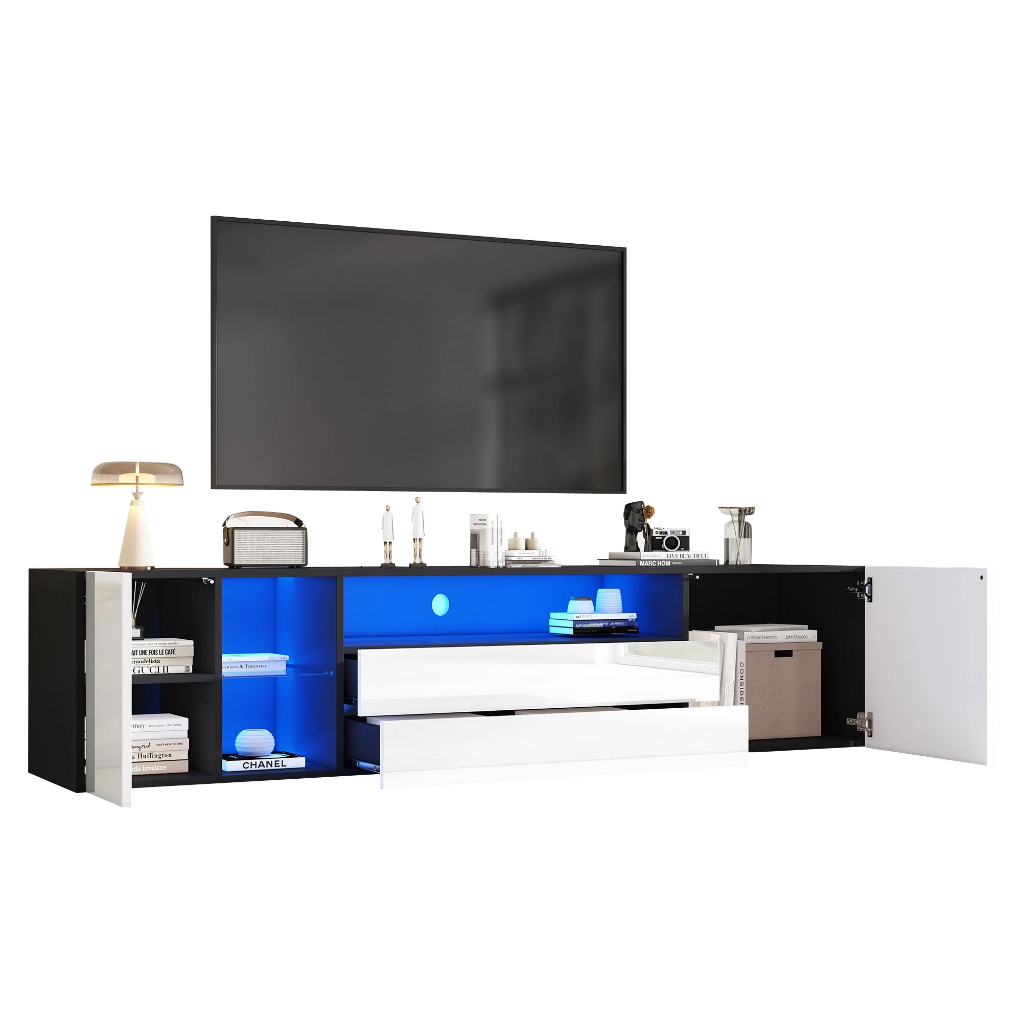TV Stand Cabinet, 180x40x45cm LED Lowboard with 2 Drawers & 2 Cabinets for 75-inch TVs, Black and White - Image 6
