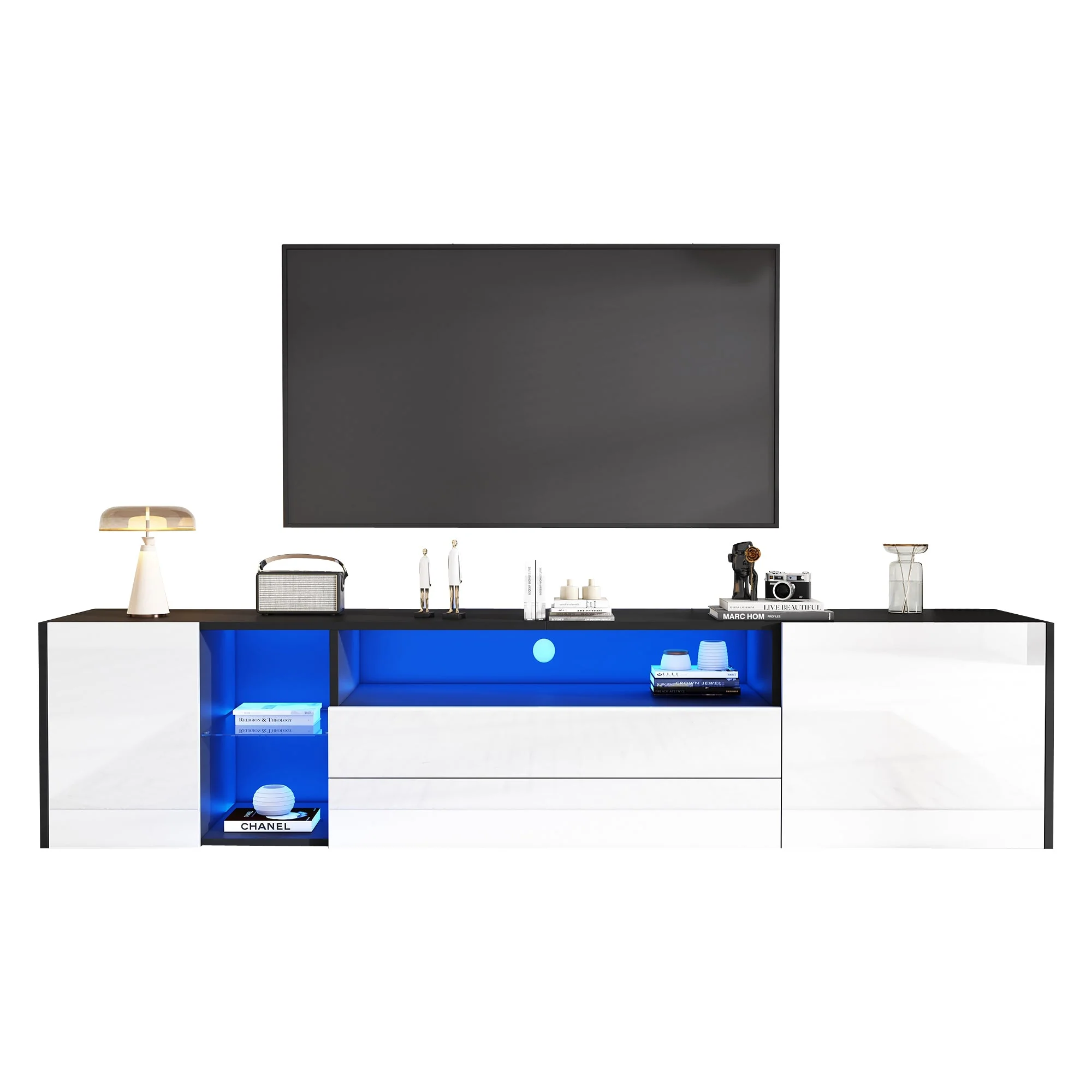 TV Stand Cabinet, 180x40x45cm LED Lowboard with 2 Drawers & 2 Cabinets for 75-inch TVs, Black and White - Image 7
