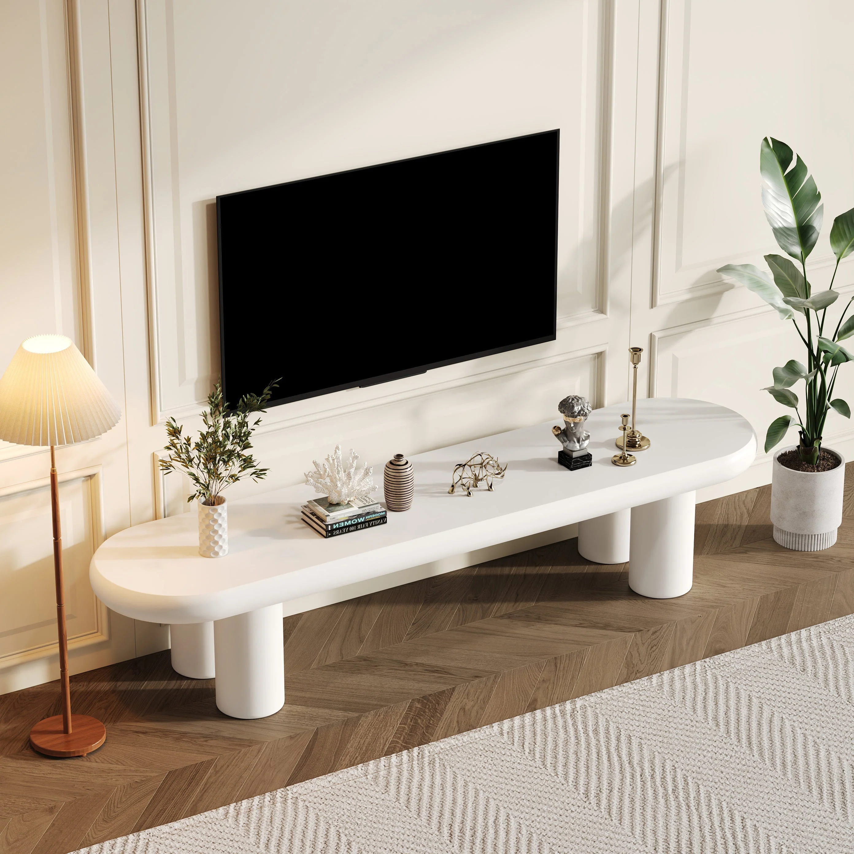 TV Stand Cabinet, White Painted, for TVs up to 70 inch, Wooden Entertainment Center