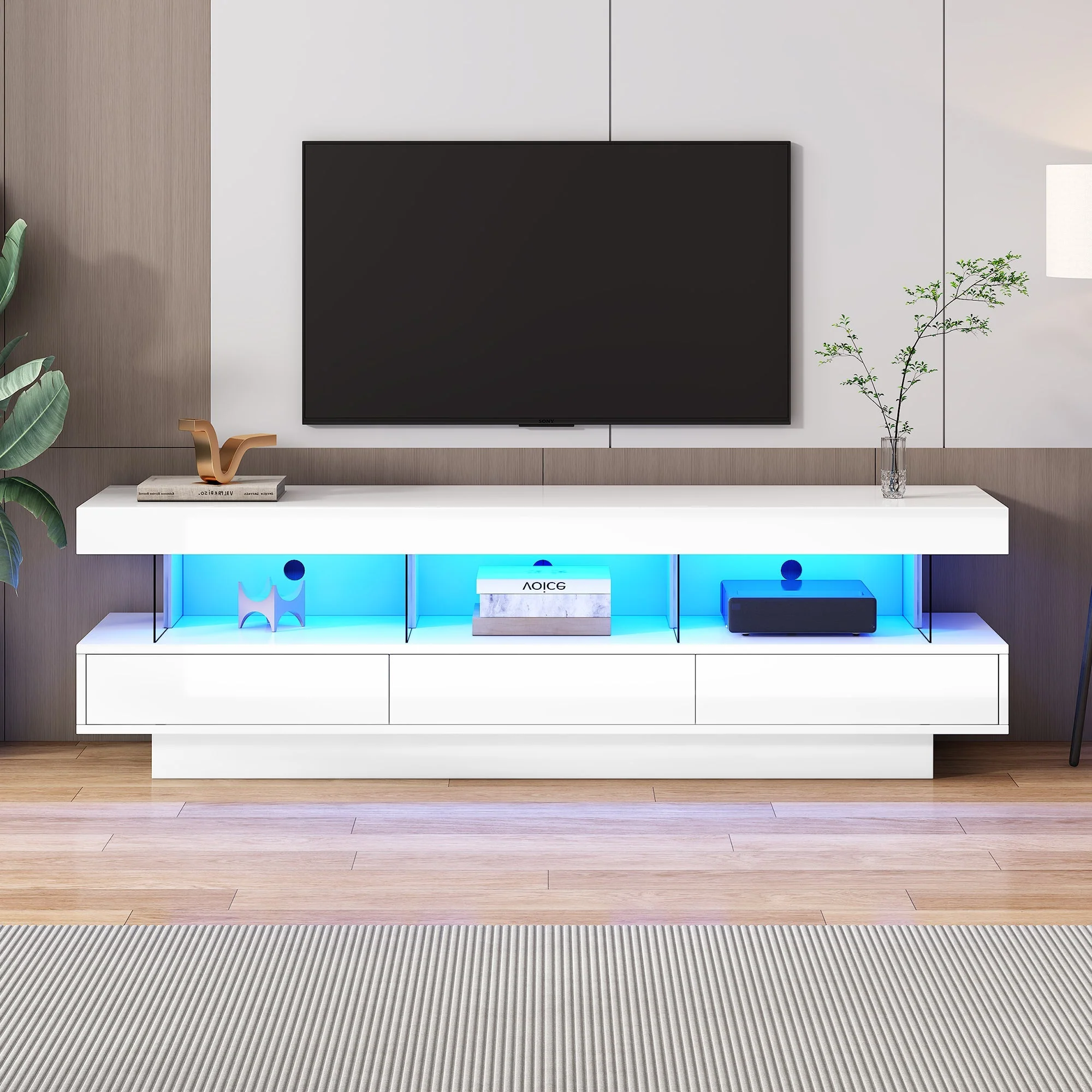 TV Stand Cabinet with LED Lights, 160CM High Gloss, 3 Drawers, 3 Open Storage Space, White - Image 5