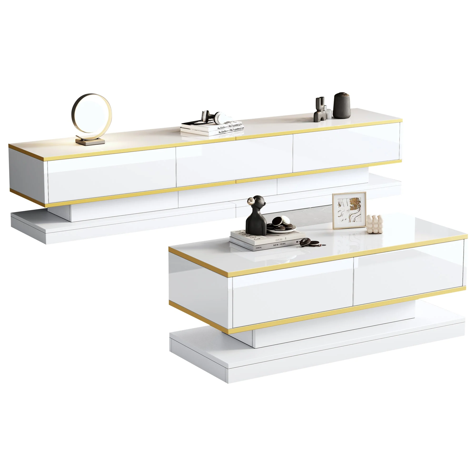 TV Stand & Coffee Table Set with 3-Drawer TV Console & 2-Drawer Coffee Table, White High Gloss & Gold - Image 4