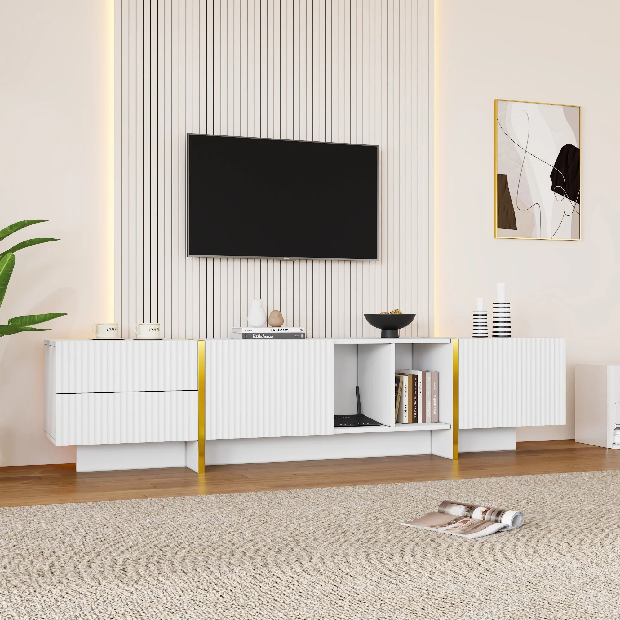 TV Stand for 85inch TV, Entertainment Center with Storage & Open Shelves, Embossed Pattern, White - Image 2
