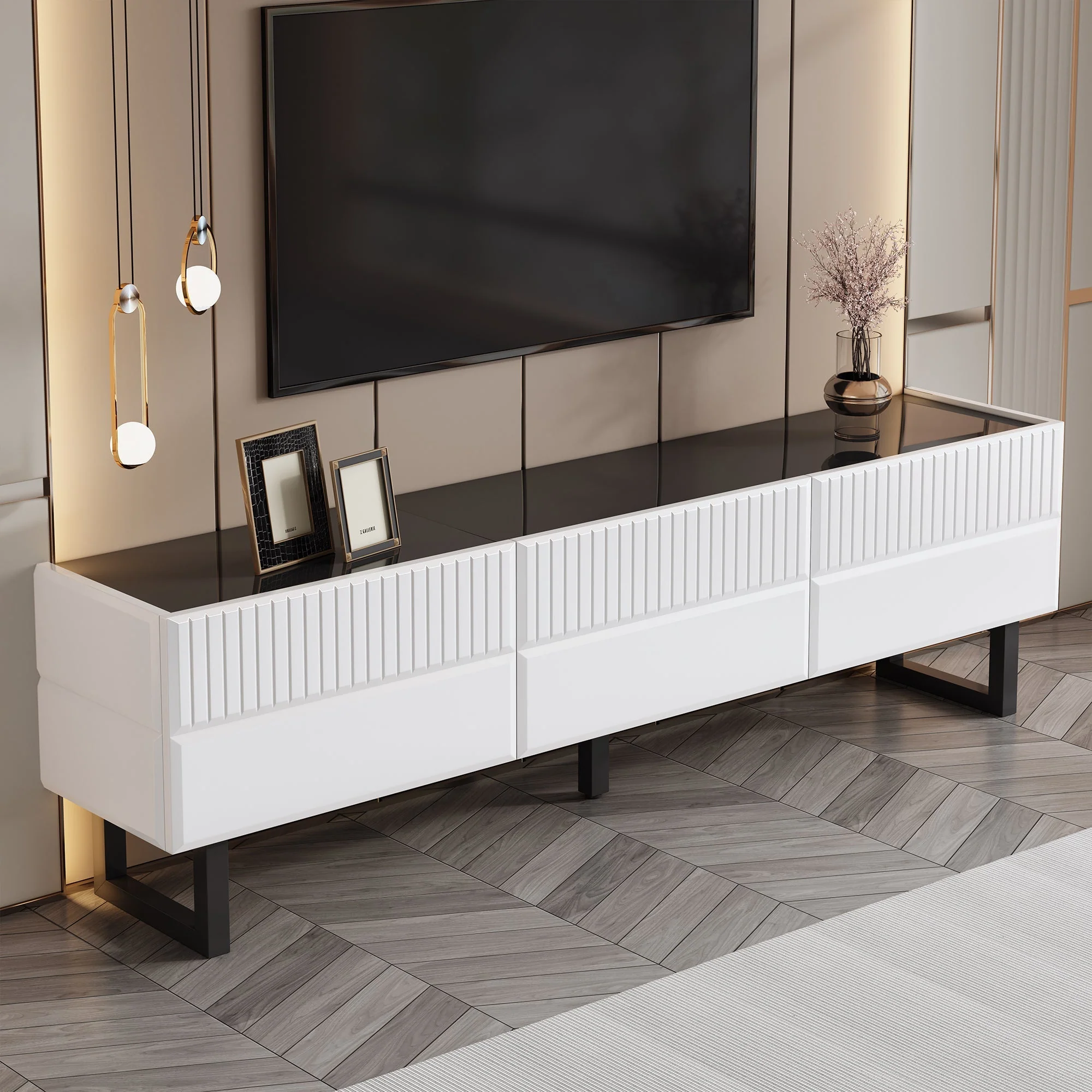 TV Stand Low Unit with Three Drawers 170cm Black and White - Image 8