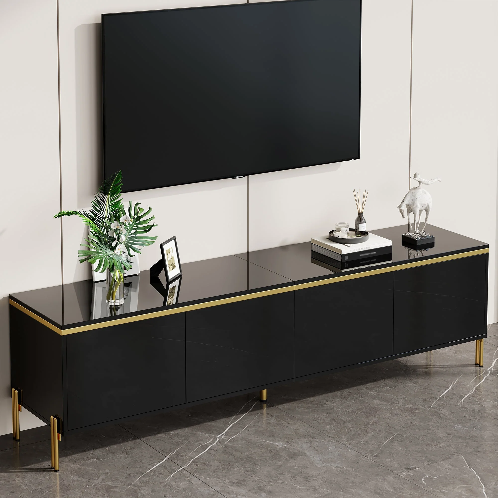 TV Stand Modern High-Gloss Storage 4 Doors Gold Trim - Image 9