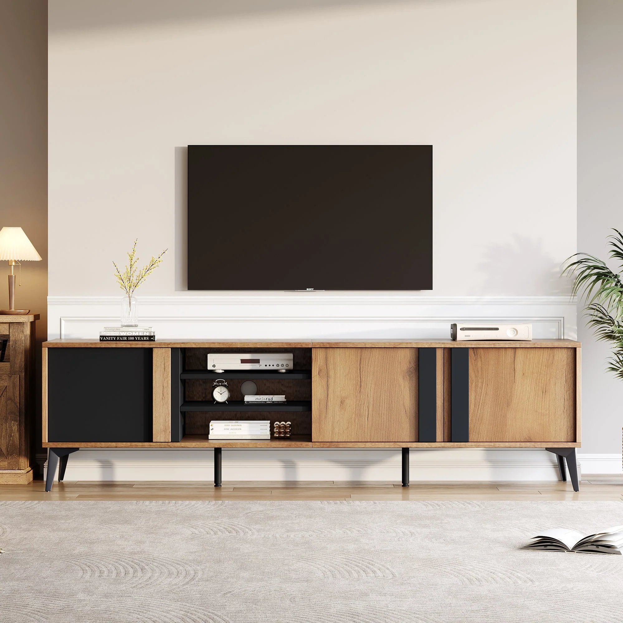 TV Stand TV Cabinet for up to 80 Inch TV with 3 Cabinets and 3 Open Shelves, Steel Frame, Brown and Black - Image 2