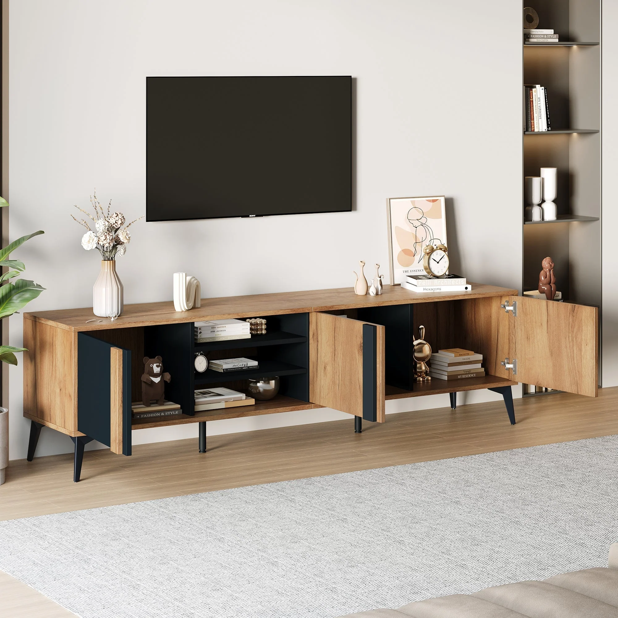 TV Stand TV Cabinet for up to 80 Inch TV with 3 Cabinets and 3 Open Shelves, Steel Frame, Brown and Black - Image 3
