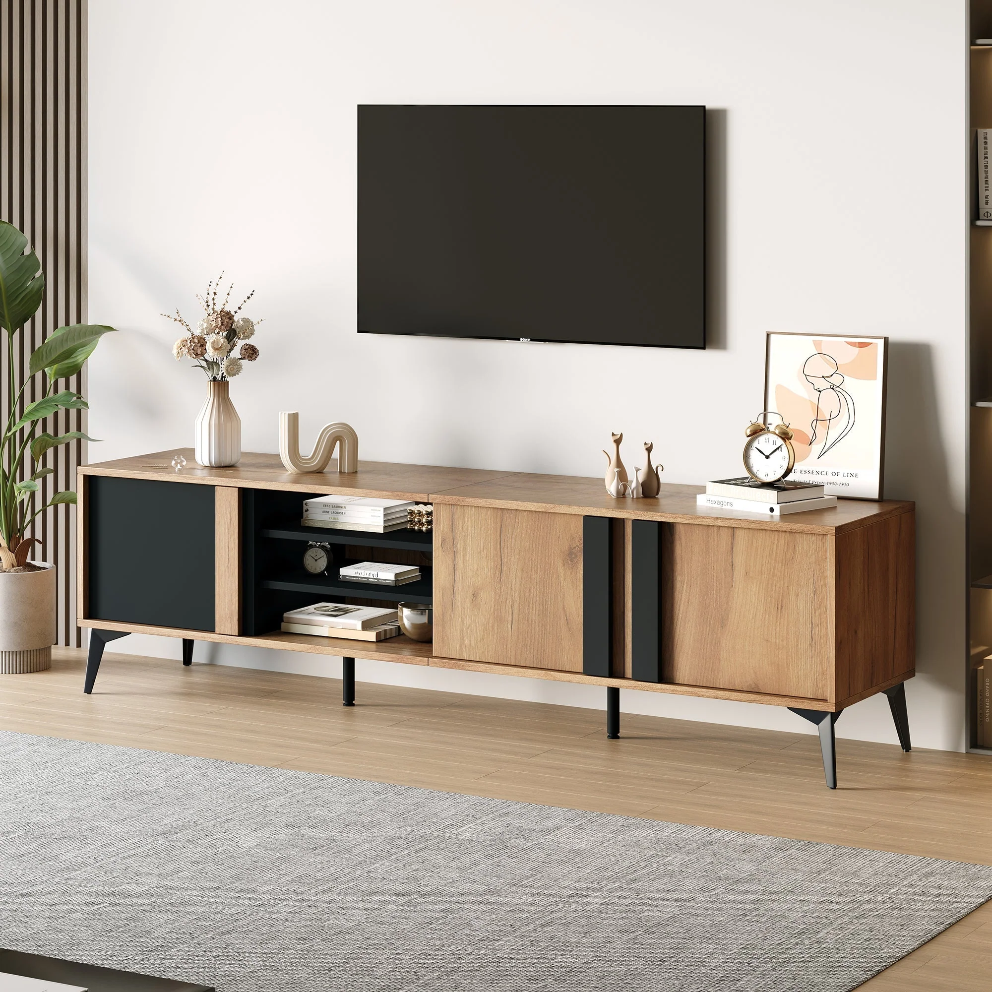 TV Stand TV Cabinet for up to 80 Inch TV with 3 Cabinets and 3 Open Shelves, Steel Frame, Brown and Black - Image 5
