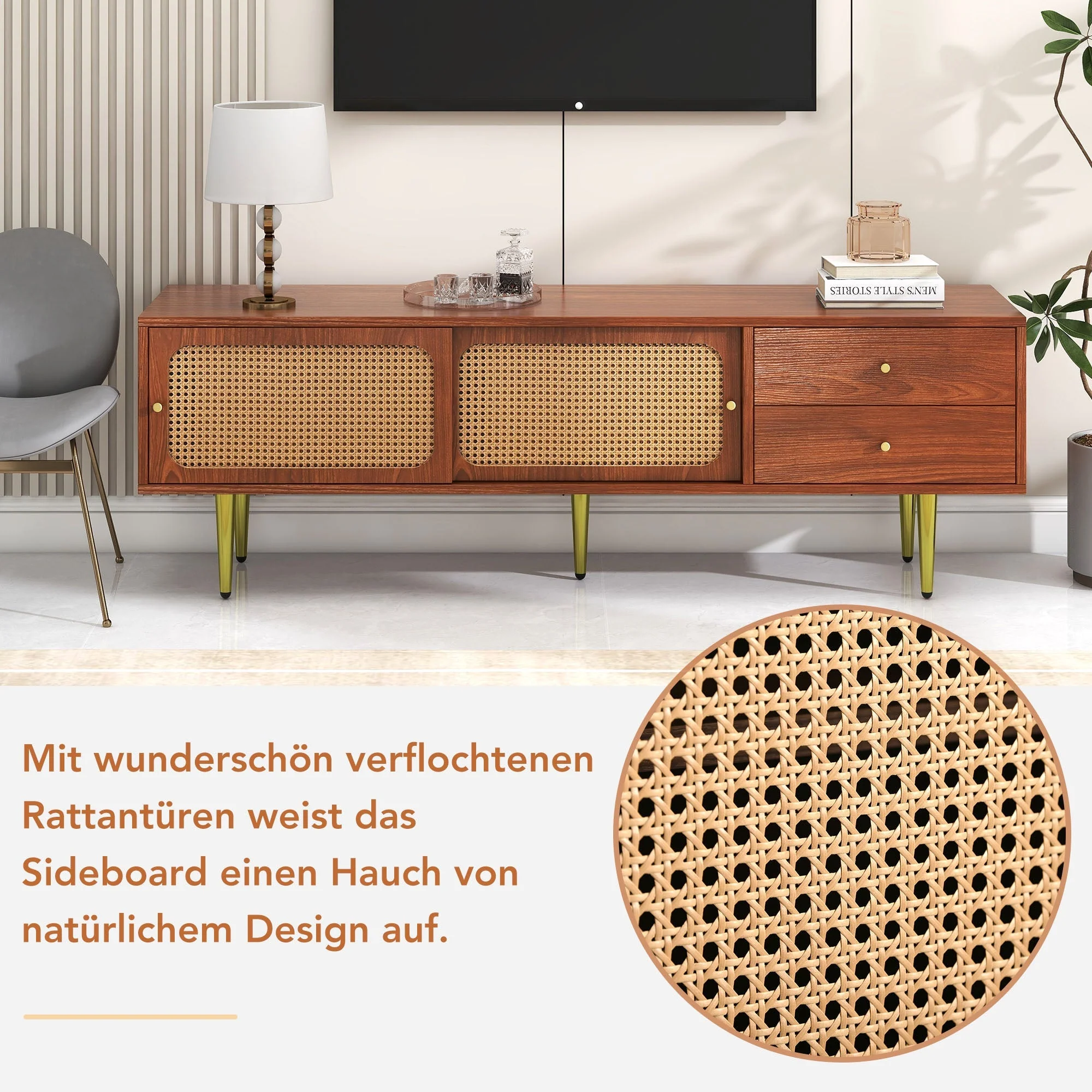 TV Stand with Rattan Sliding Doors & Drawers, Walnut - Image 10
