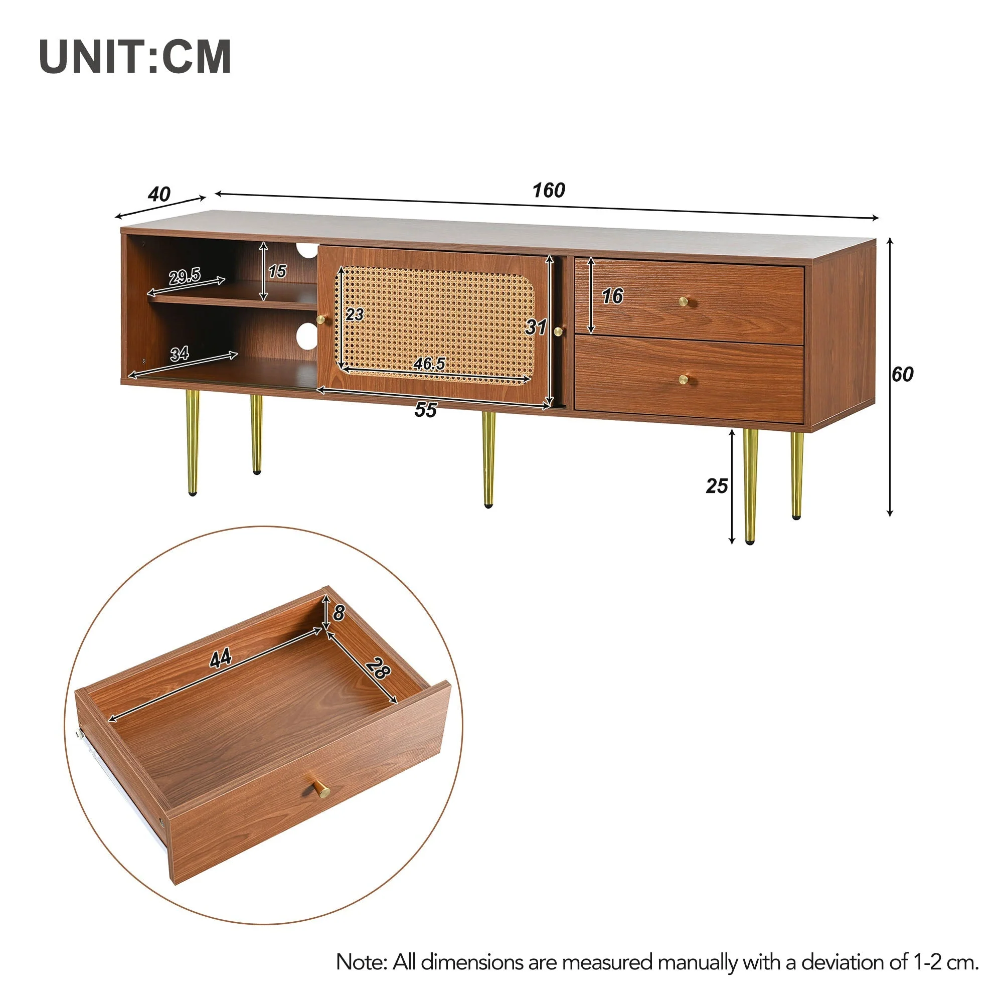 TV Stand with Rattan Sliding Doors & Drawers, Walnut - Image 2