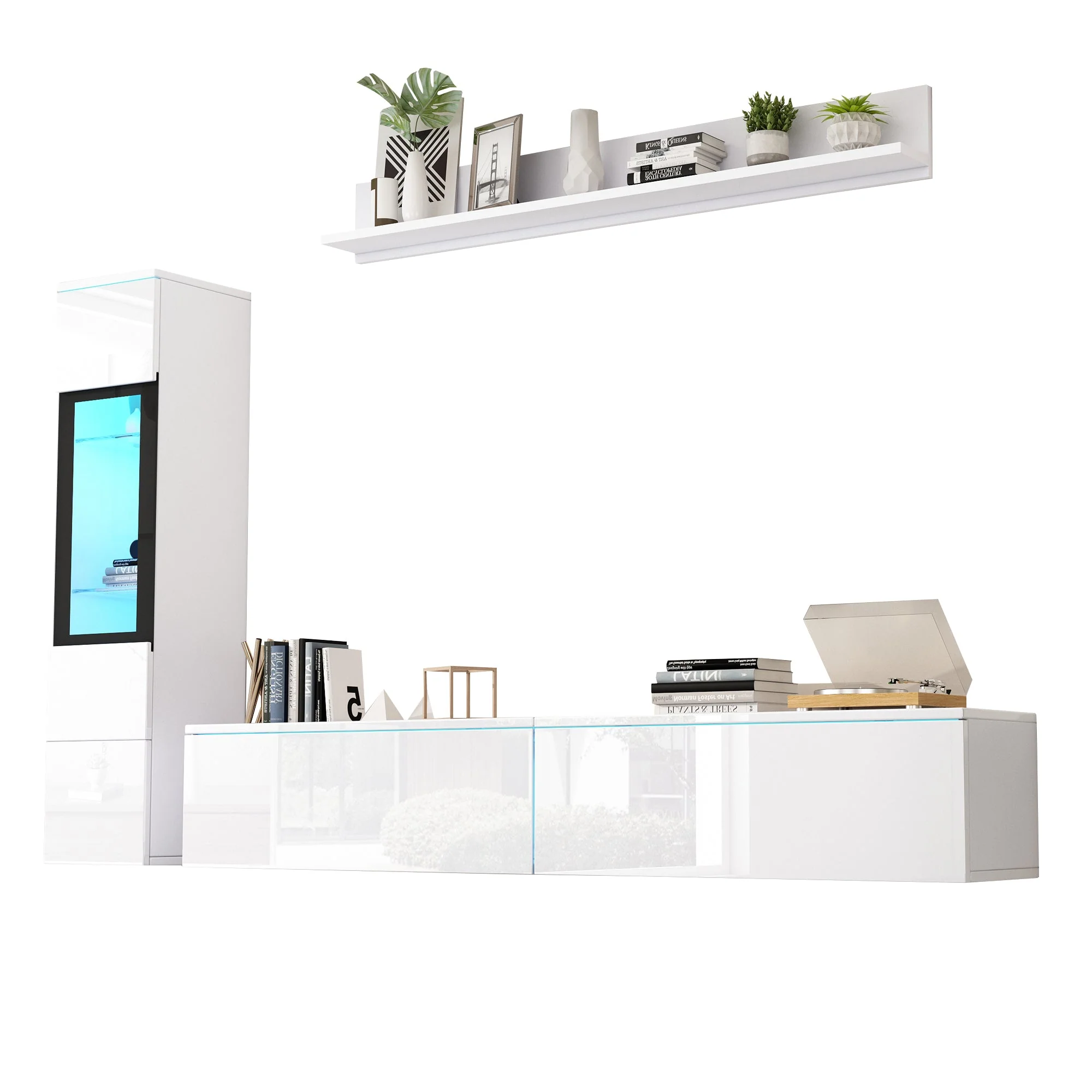 TV Wall Unit Set, 3-Piece LED Lighting, High Gloss White - Image 7