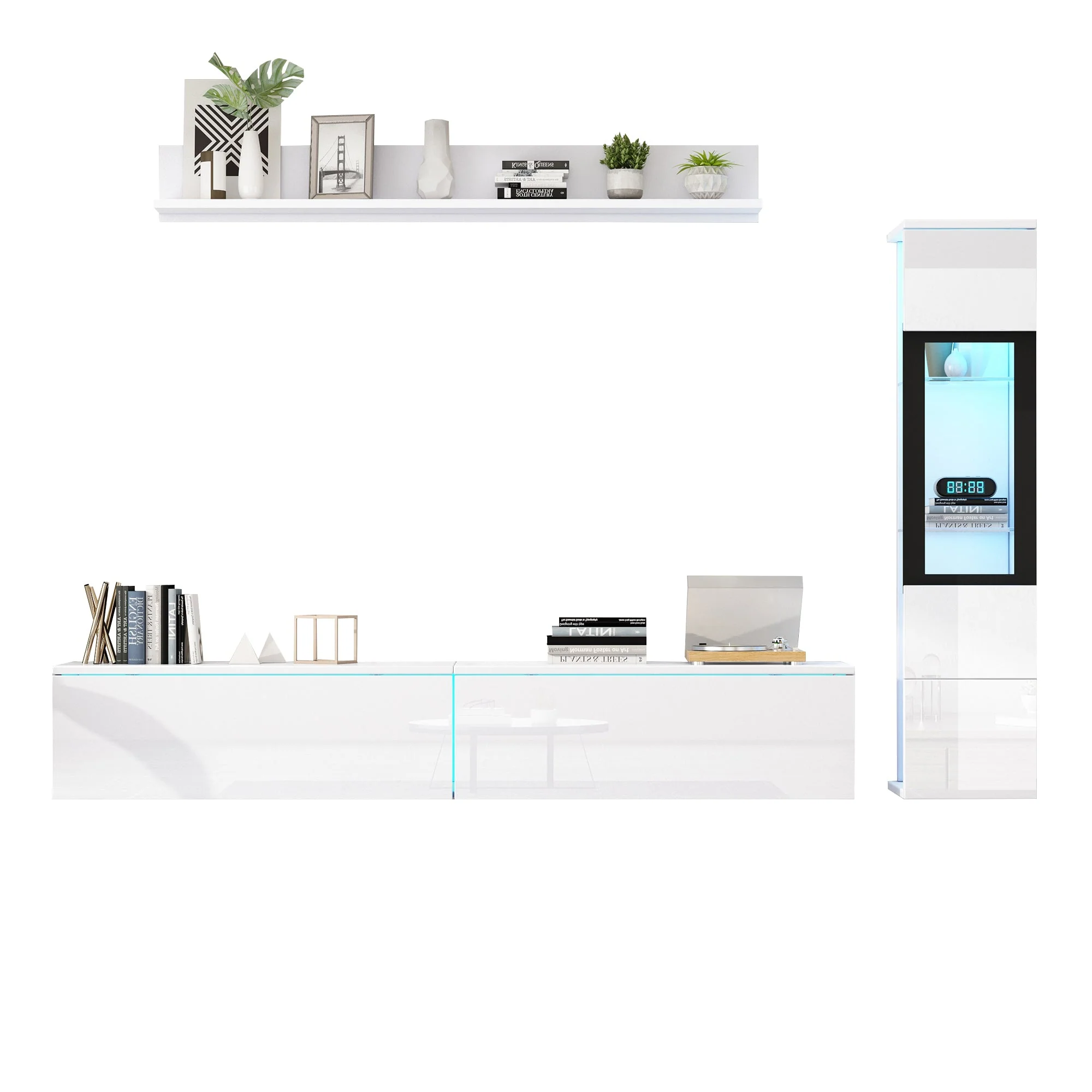 TV Wall Unit Set, 3-Piece LED Lighting, High Gloss White - Image 8