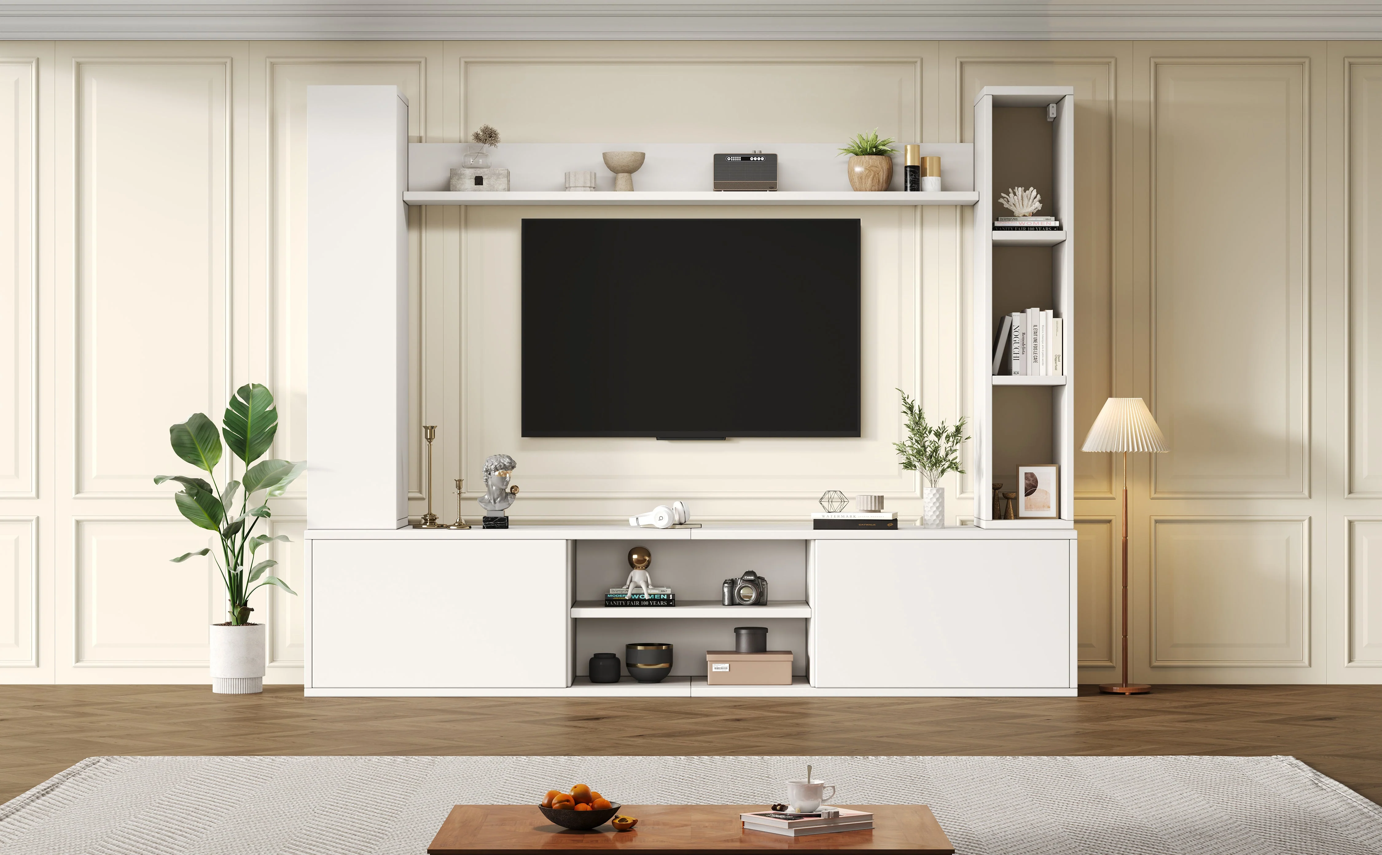 TV Wall Unit Set, 4-Piece Media with Display Cabinets, TV Board, Shelves, White - Image 6