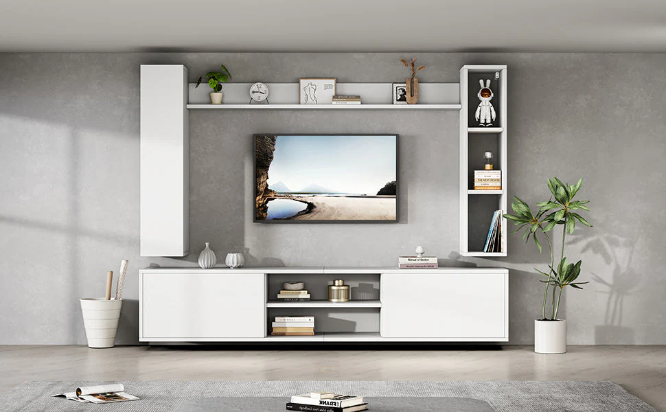 TV Wall Unit Set, 4-Piece Media with Display Cabinets, TV Board, Shelves, White - Image 8