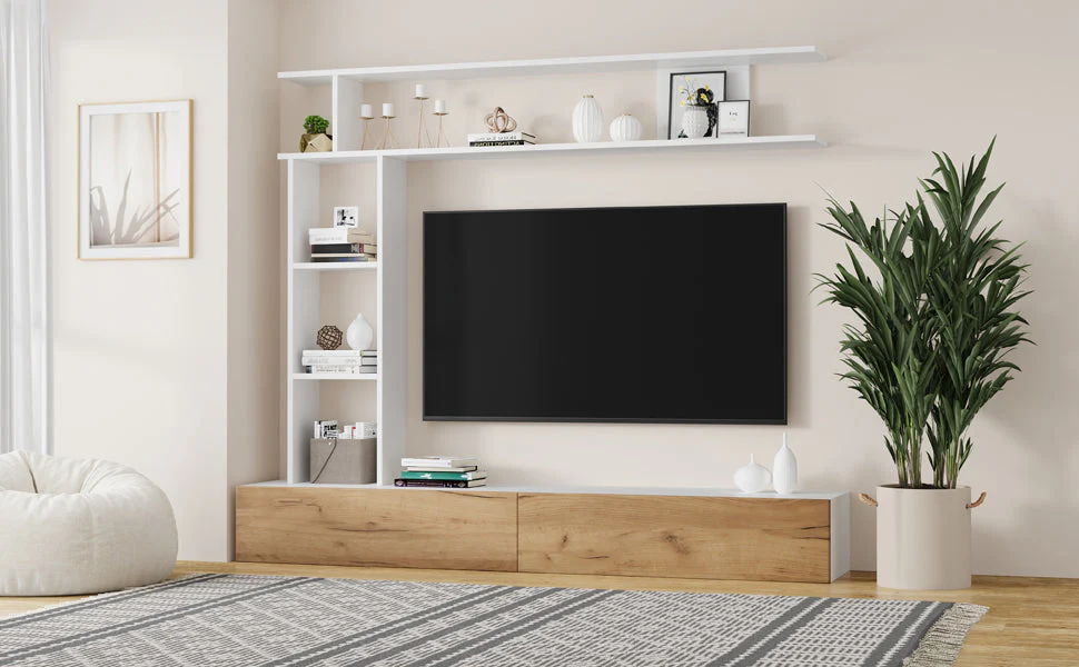 TV Wall Unit Set, Media Wall Display Cabinets Freestanding & Wall-Mounted for up to 80" TV, White + Wood Color - Image 8