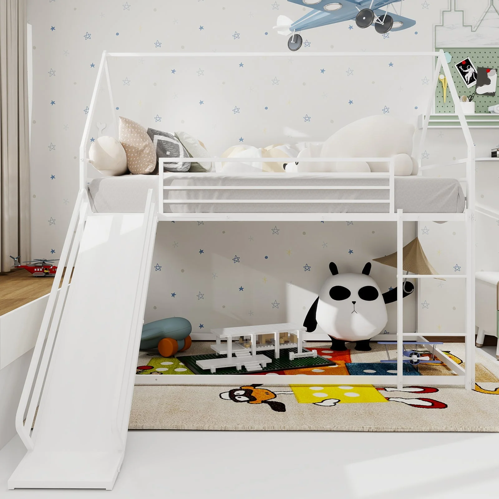 Twin over Twin Bunk Bed, House Shaped with Slide & Ladder, Metal