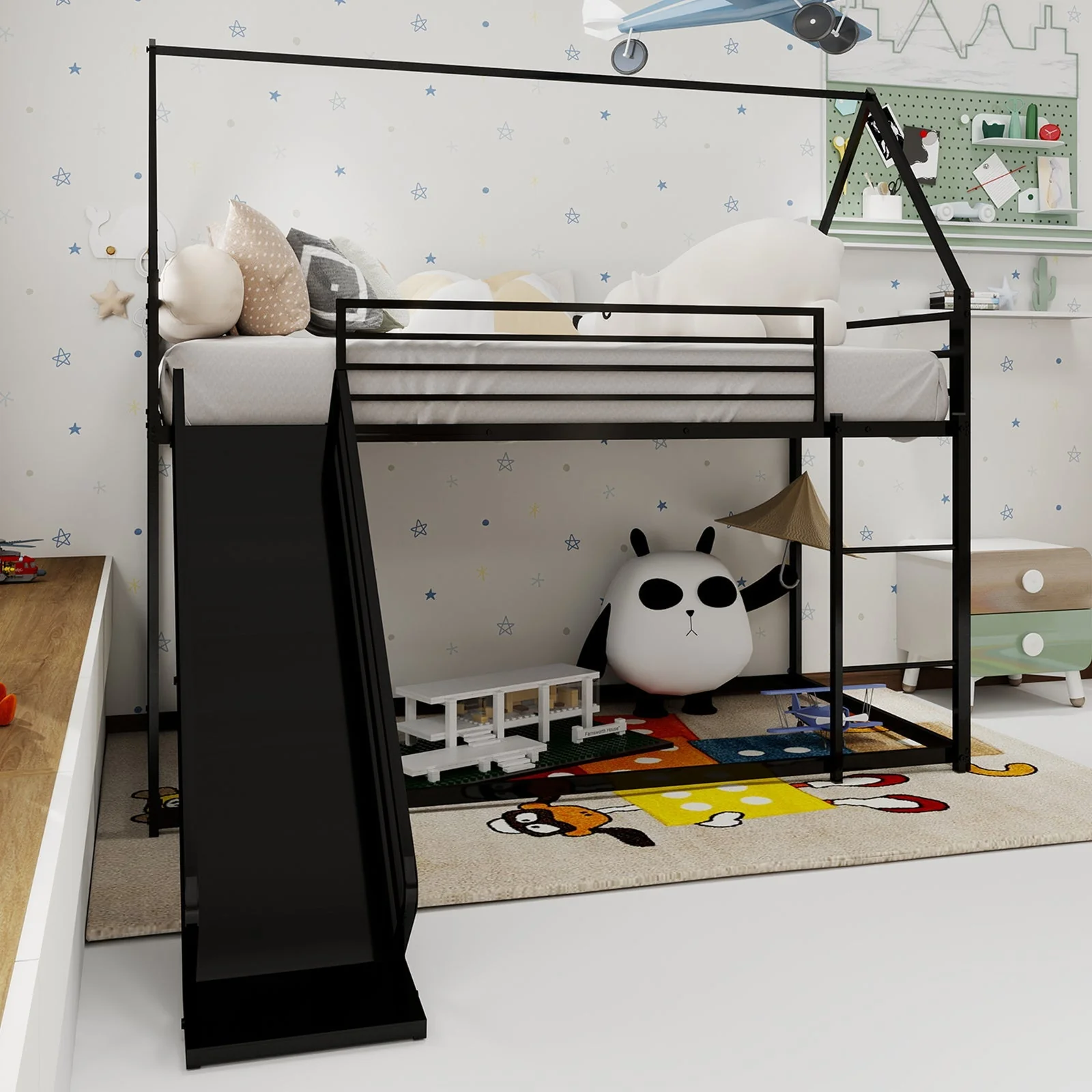 Twin over Twin Bunk Bed with Slide, House Shaped, Metal - Image 7