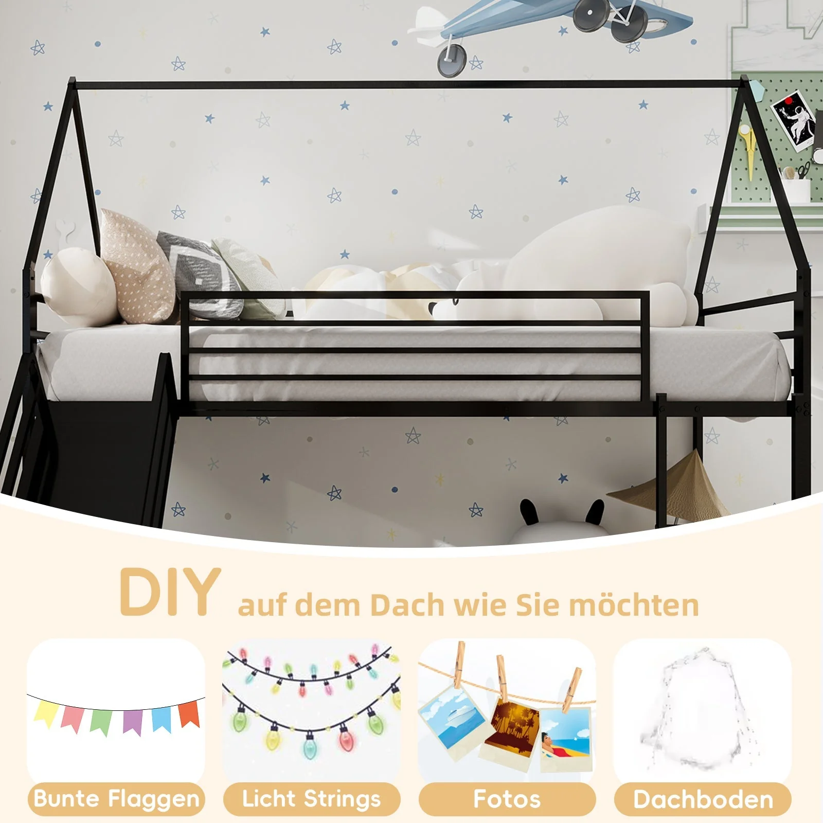 Twin over Twin Bunk Bed with Slide, House Shaped, Metal - Image 8
