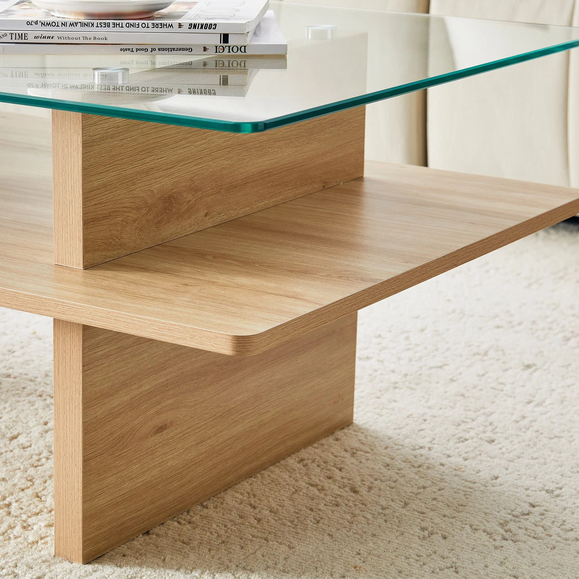 Two-Layer Coffee Table with Tempered Glass and Sturdy MDF Frame, Natural Wood Finish - Image 6
