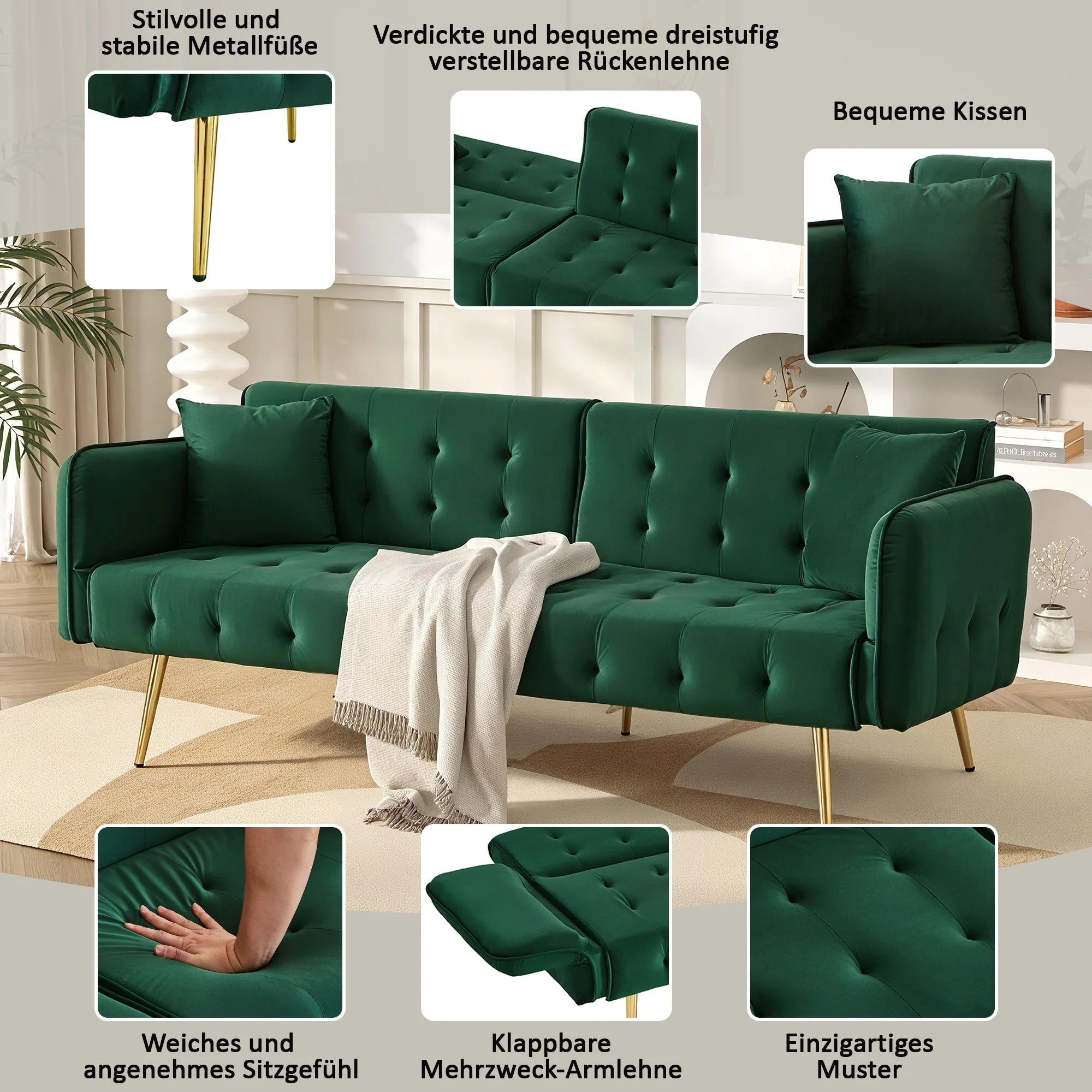 Two-seater Folding Sofa Bed Multifunctional Adjustable Velour - Image 3