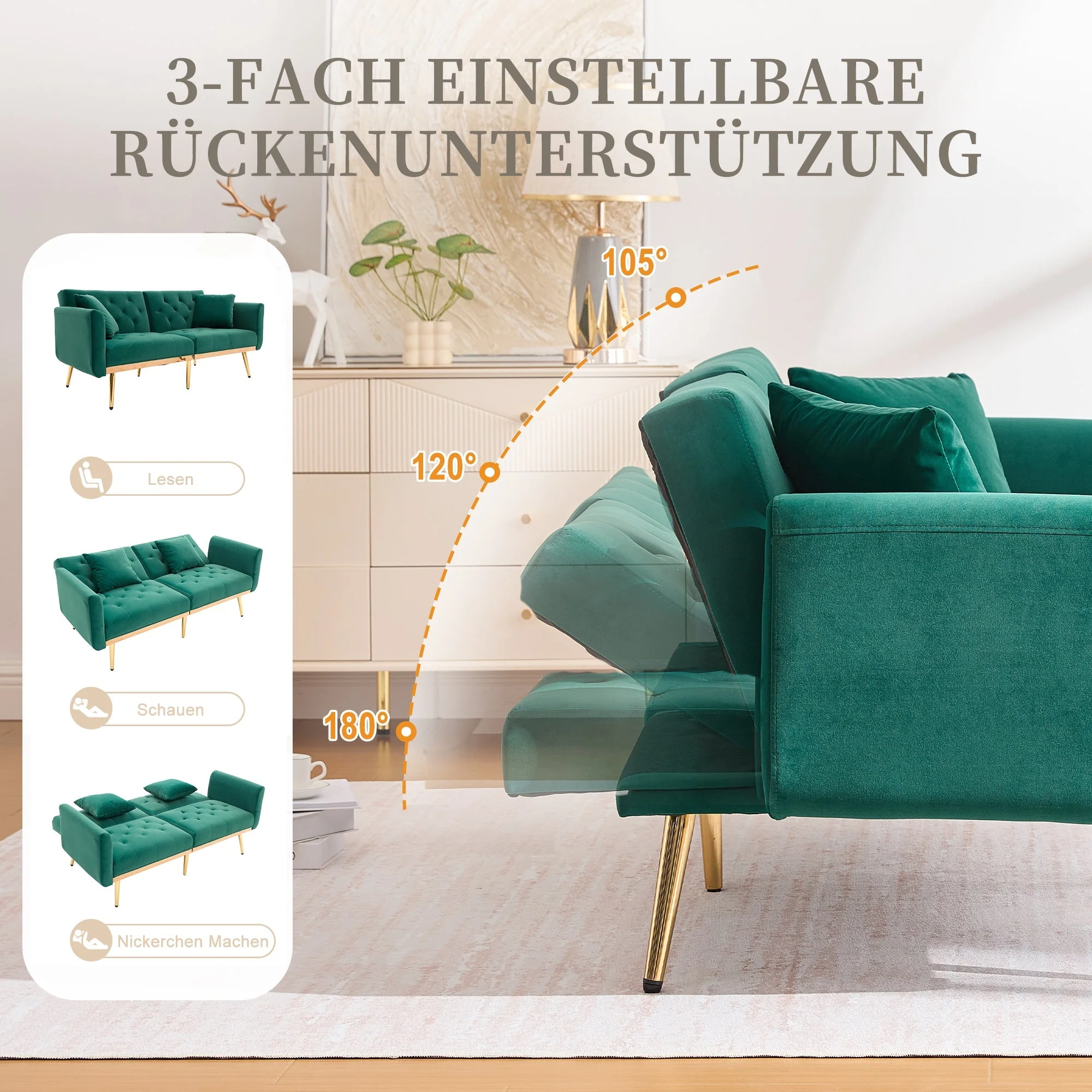 Two-Seater Sofa, Adjustable Backrest Sofa Bed with Metal Legs, Emerald Velvet - Image 3