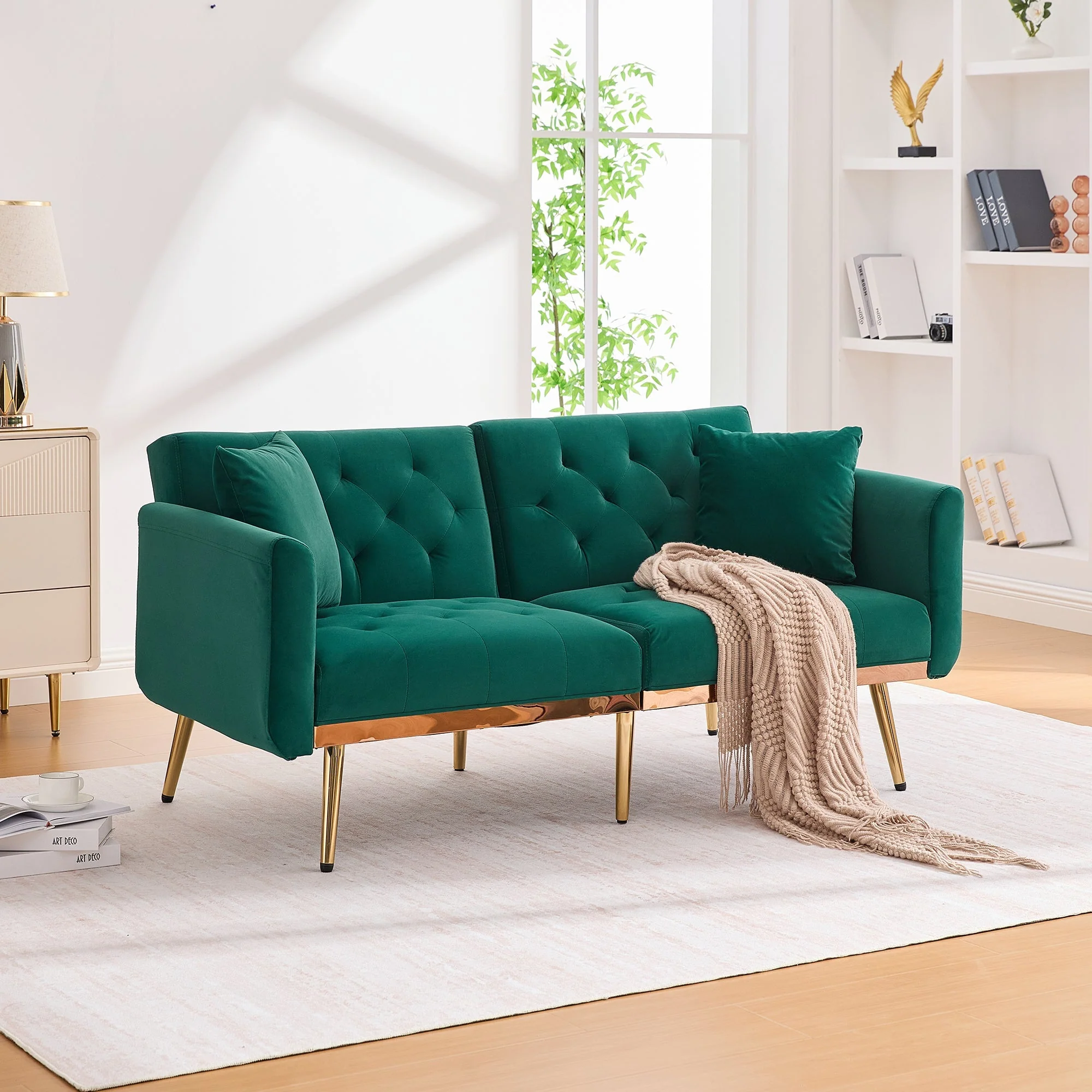 Two-Seater Sofa, Adjustable Backrest Sofa Bed with Metal Legs, Emerald Velvet - Image 8