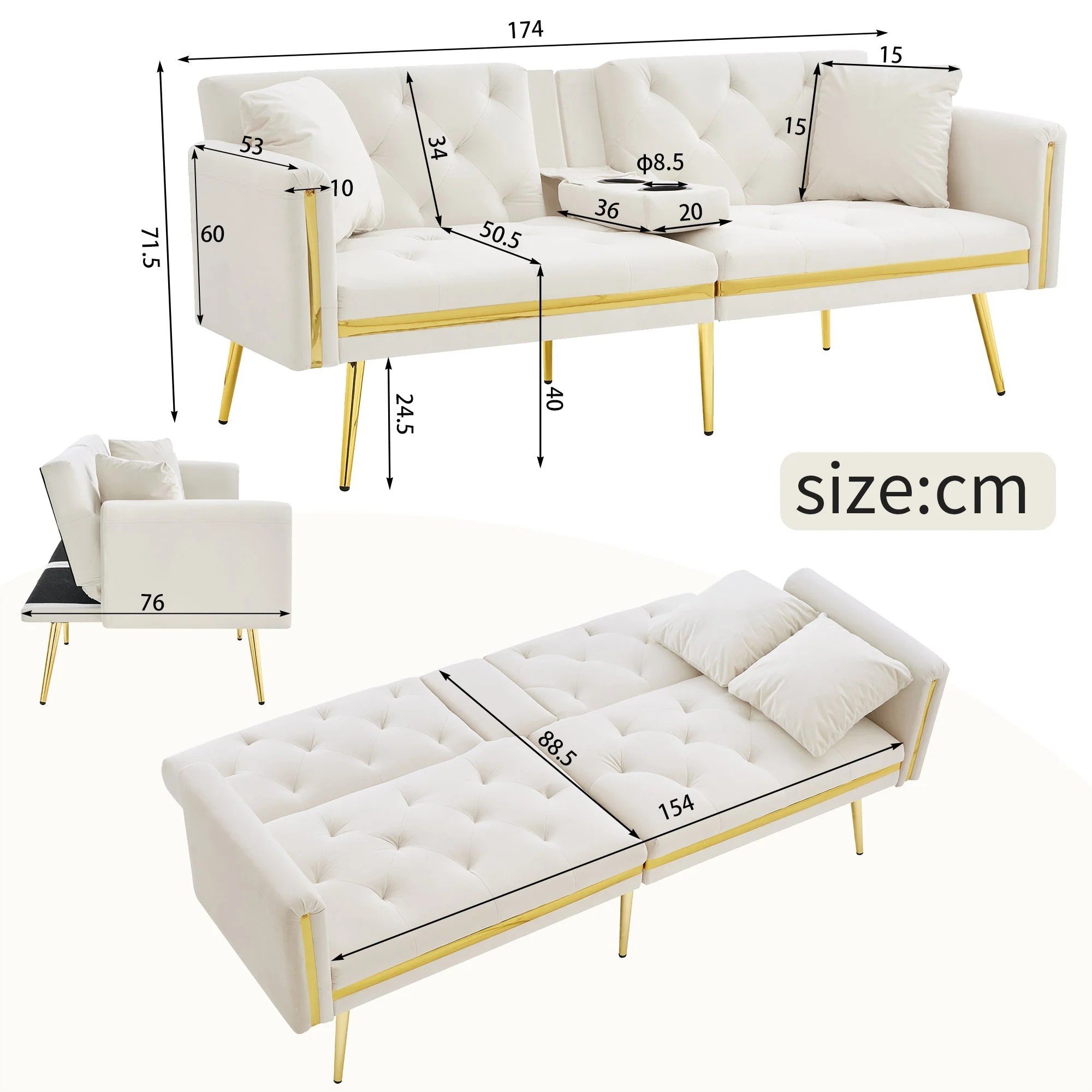 Two-seater Sofa Bed, Adjustable Backrest and Cup Holders, Velvet - Image 11