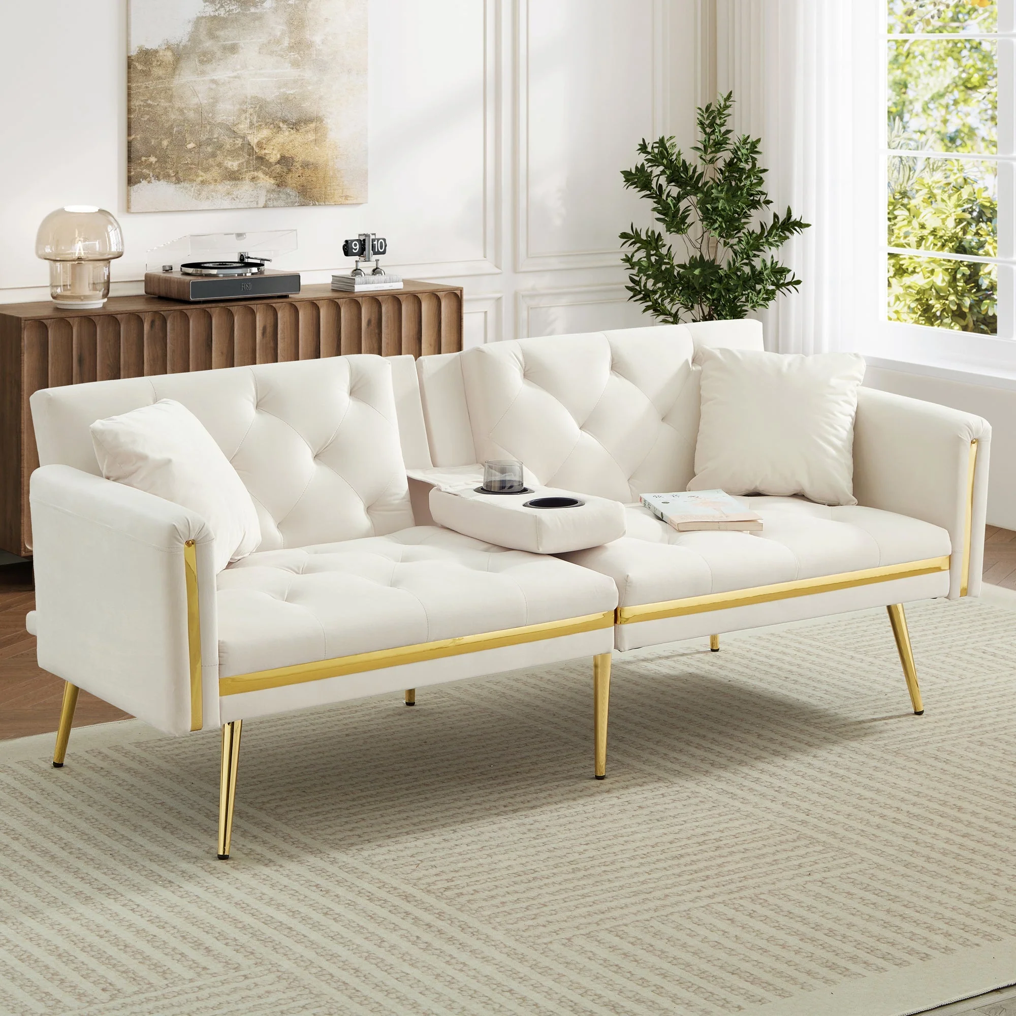 Two-seater Sofa Bed, Adjustable Backrest and Cup Holders, Velvet - Image 14