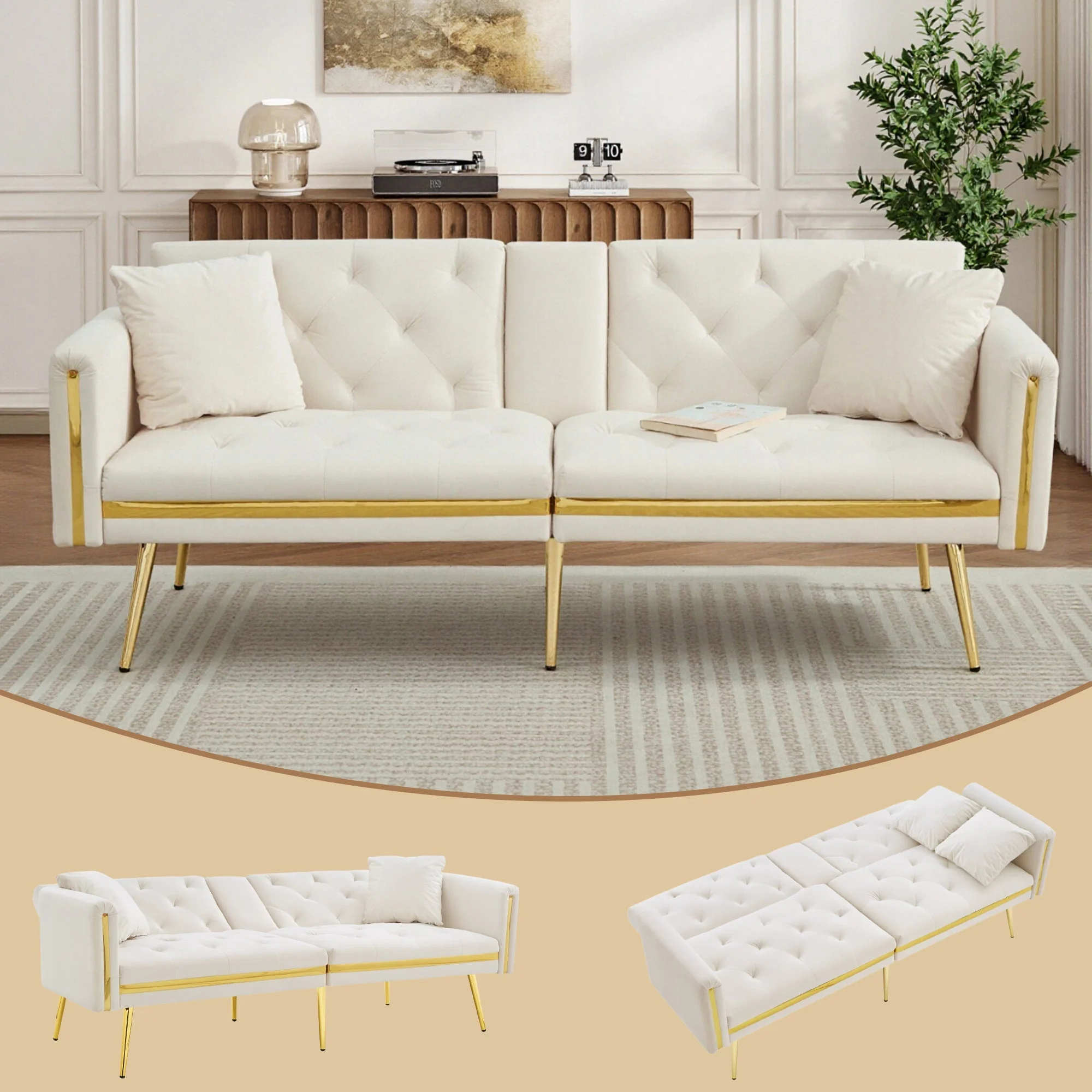 Two-seater Sofa Bed, Adjustable Backrest and Cup Holders, Velvet - Image 9