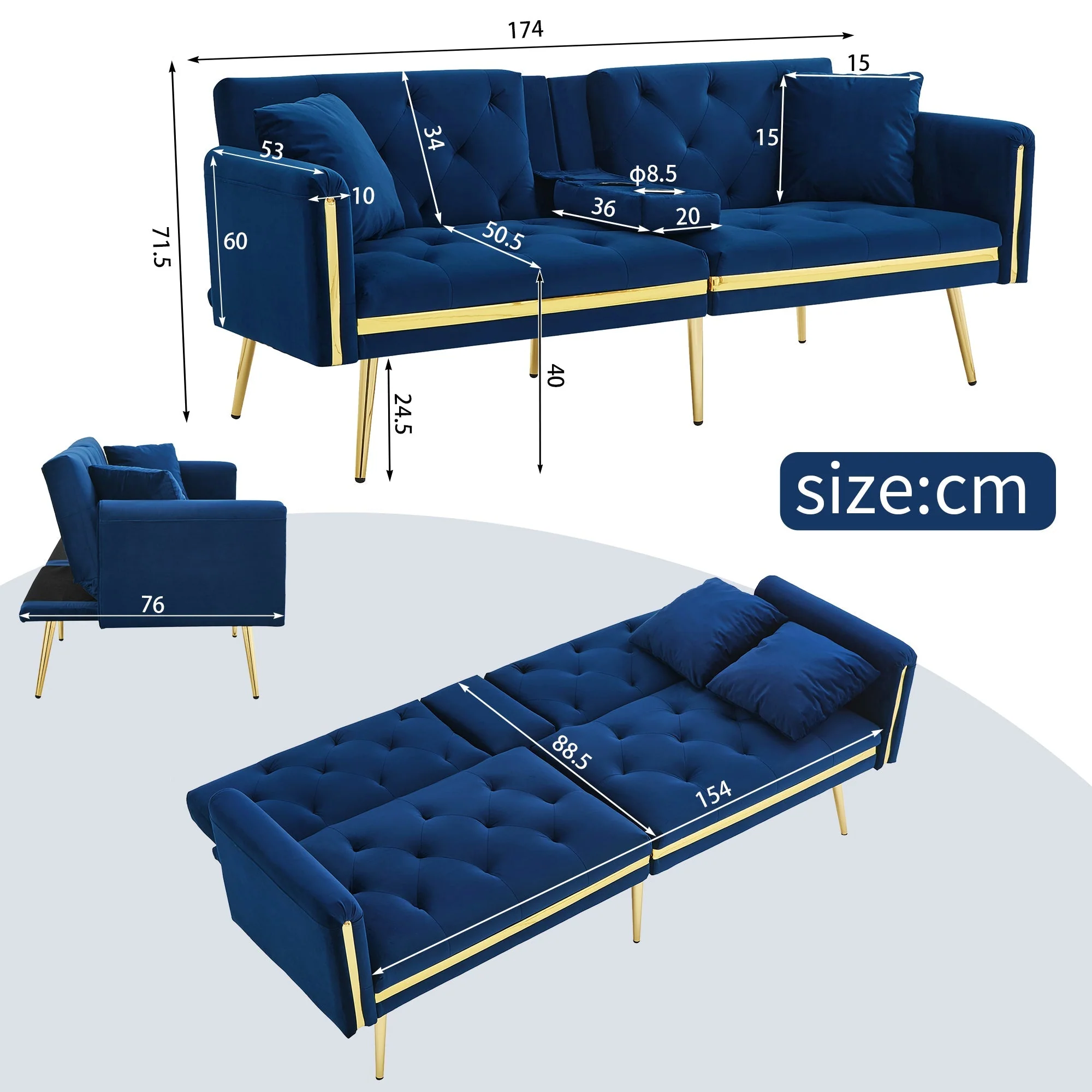 Two-seater Sofa Bed, Adjustable Backrest, Gold Accents, Cup Holders, Velvet - Image 5