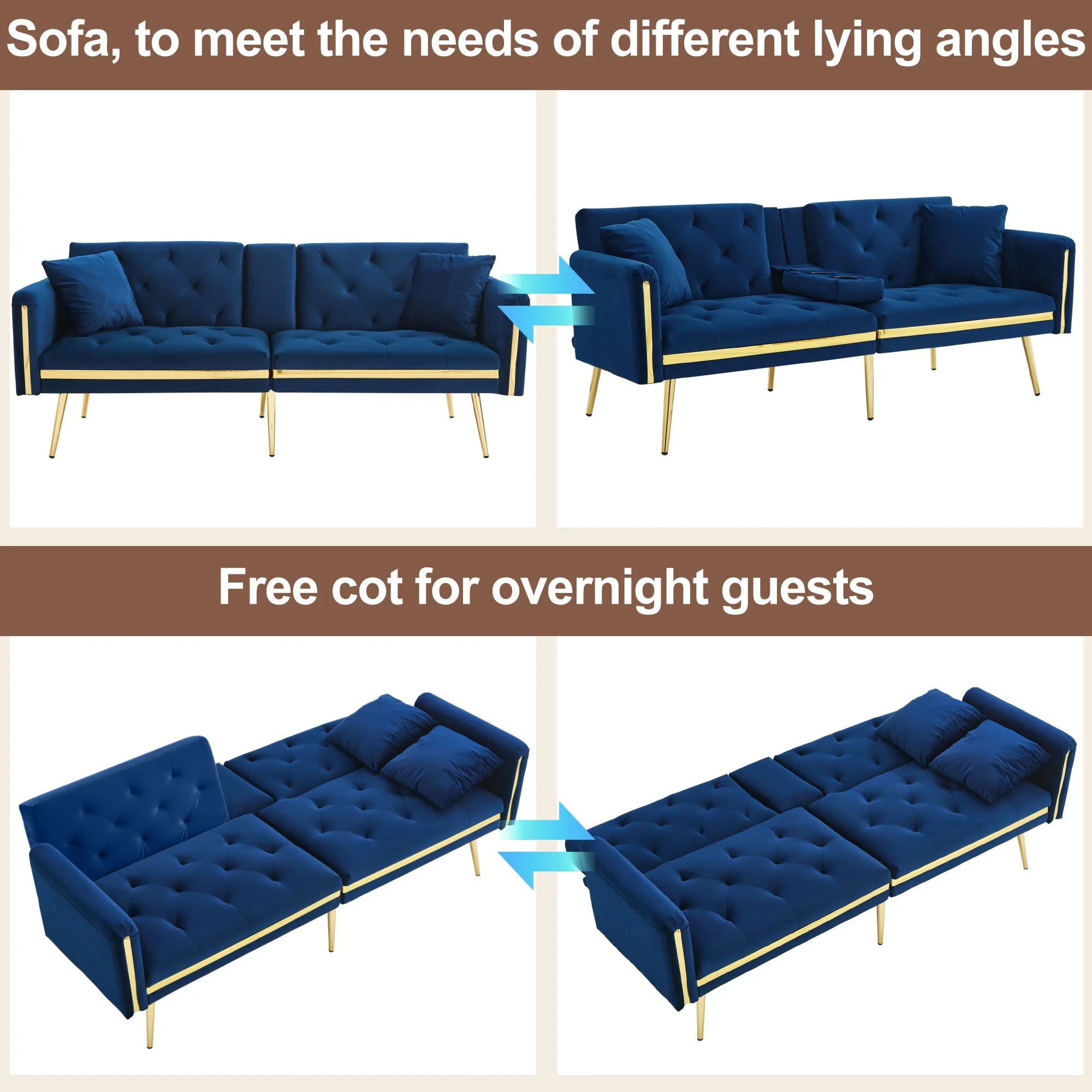 Two-seater Sofa Bed, Adjustable Backrest, Gold Accents, Cup Holders, Velvet - Image 6