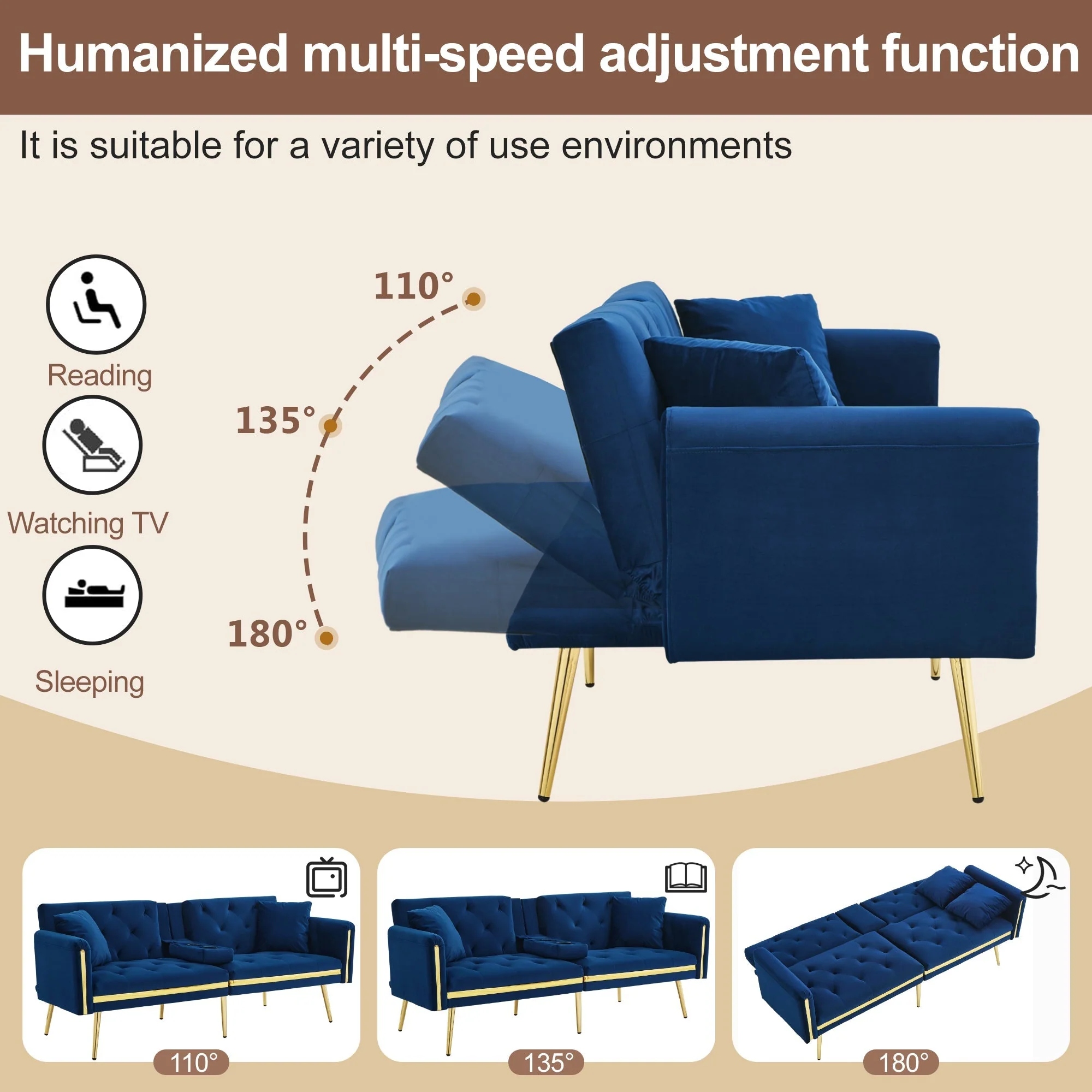 Two-seater Sofa Bed, Adjustable Backrest, Gold Accents, Cup Holders, Velvet - Image 7