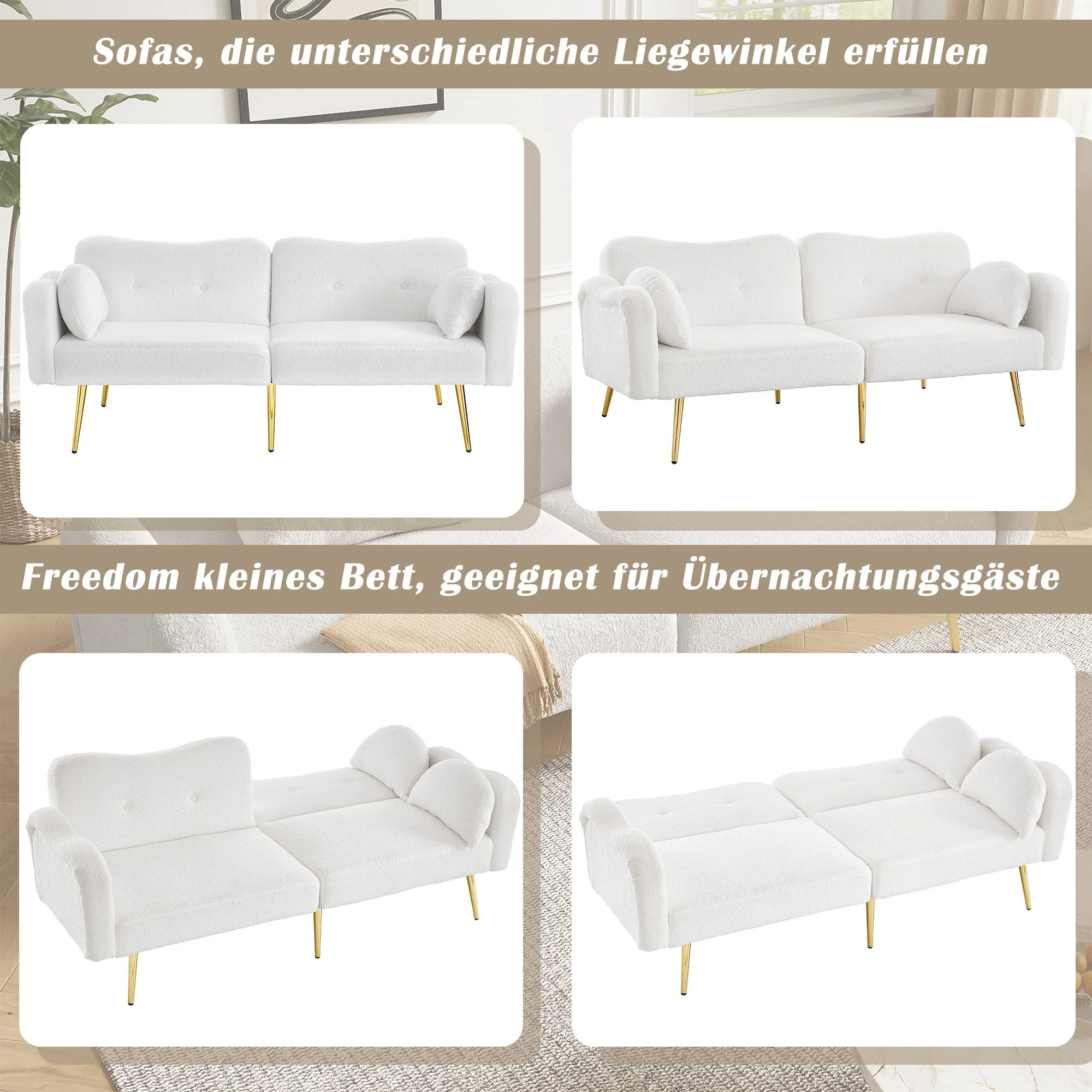 Two-Seater Sofa Bed Adjustable Backrest Gold Metal Feet - Image 7