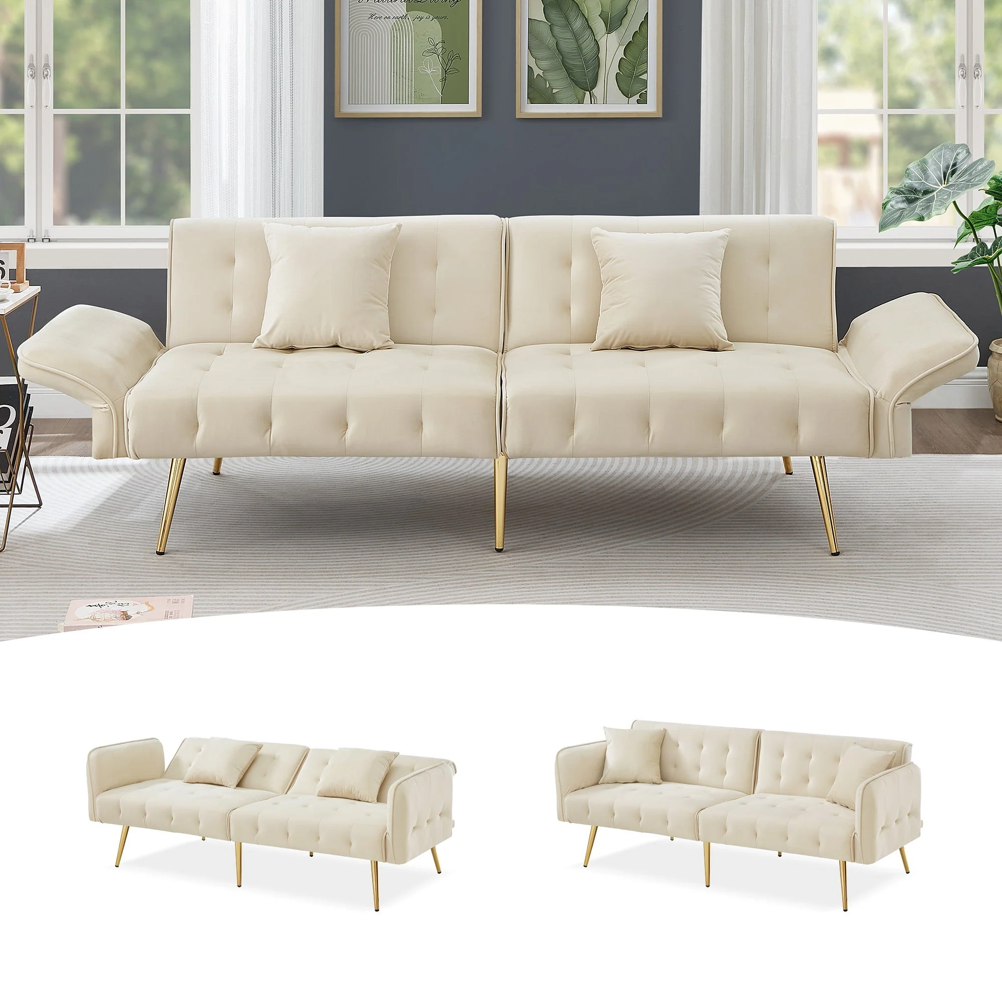 Two-seater Sofa Bed Multifunctional Adjustable Backrest Velour Upholstery - Image 6