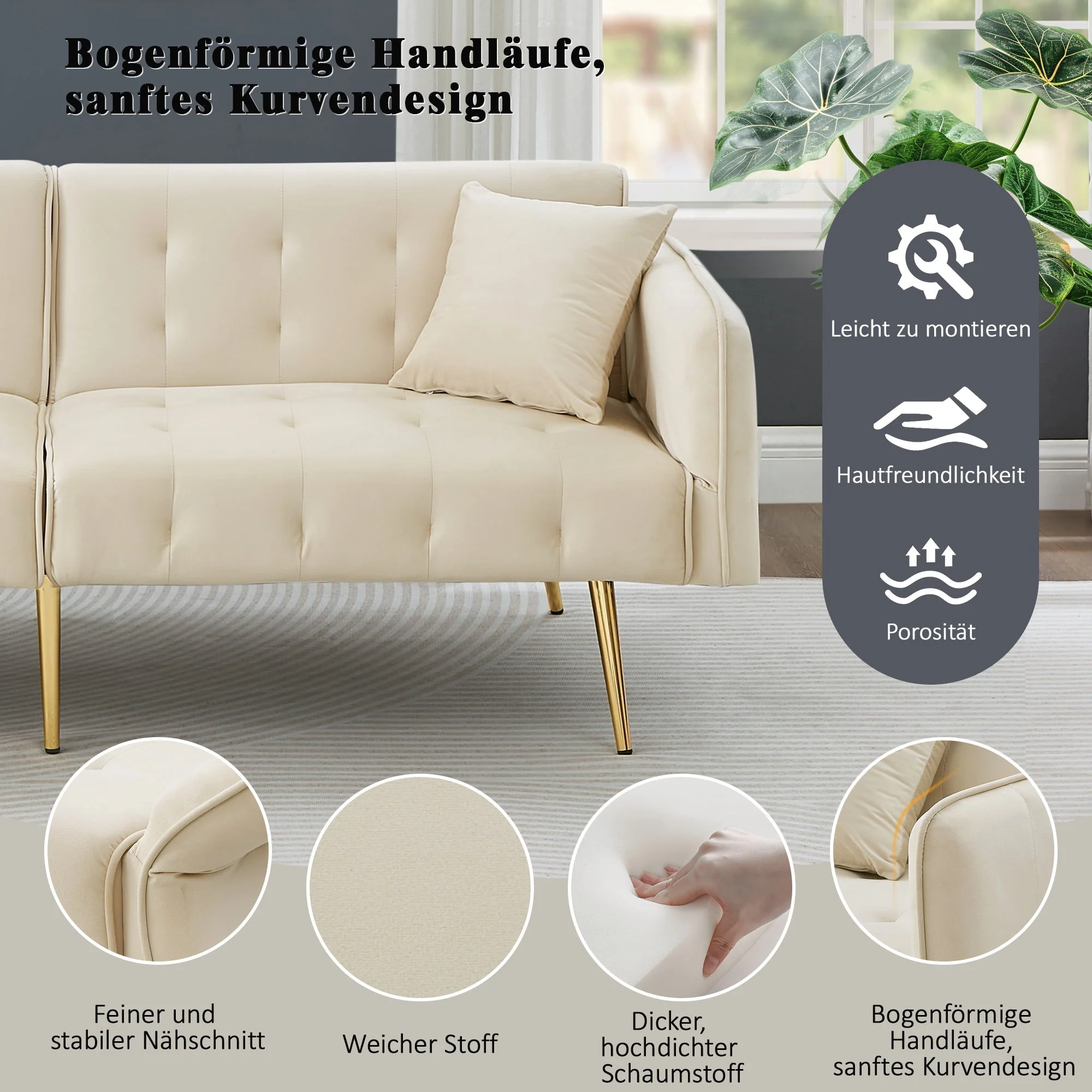 Two-seater Sofa Bed Multifunctional Adjustable Backrest Velour Upholstery - Image 7