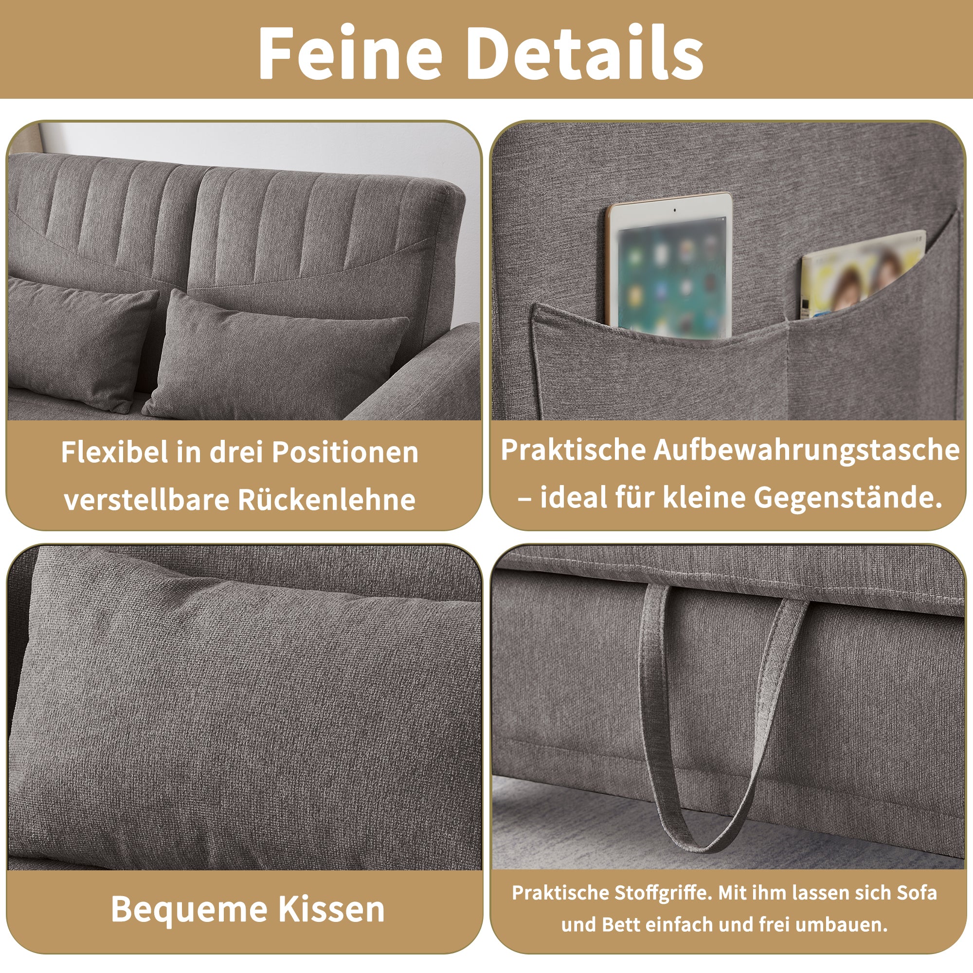 Two-Seater Sofa Bed with Adjustable Backrest and Pull-Out Design, Cotton-Linen Fabric - Image 4