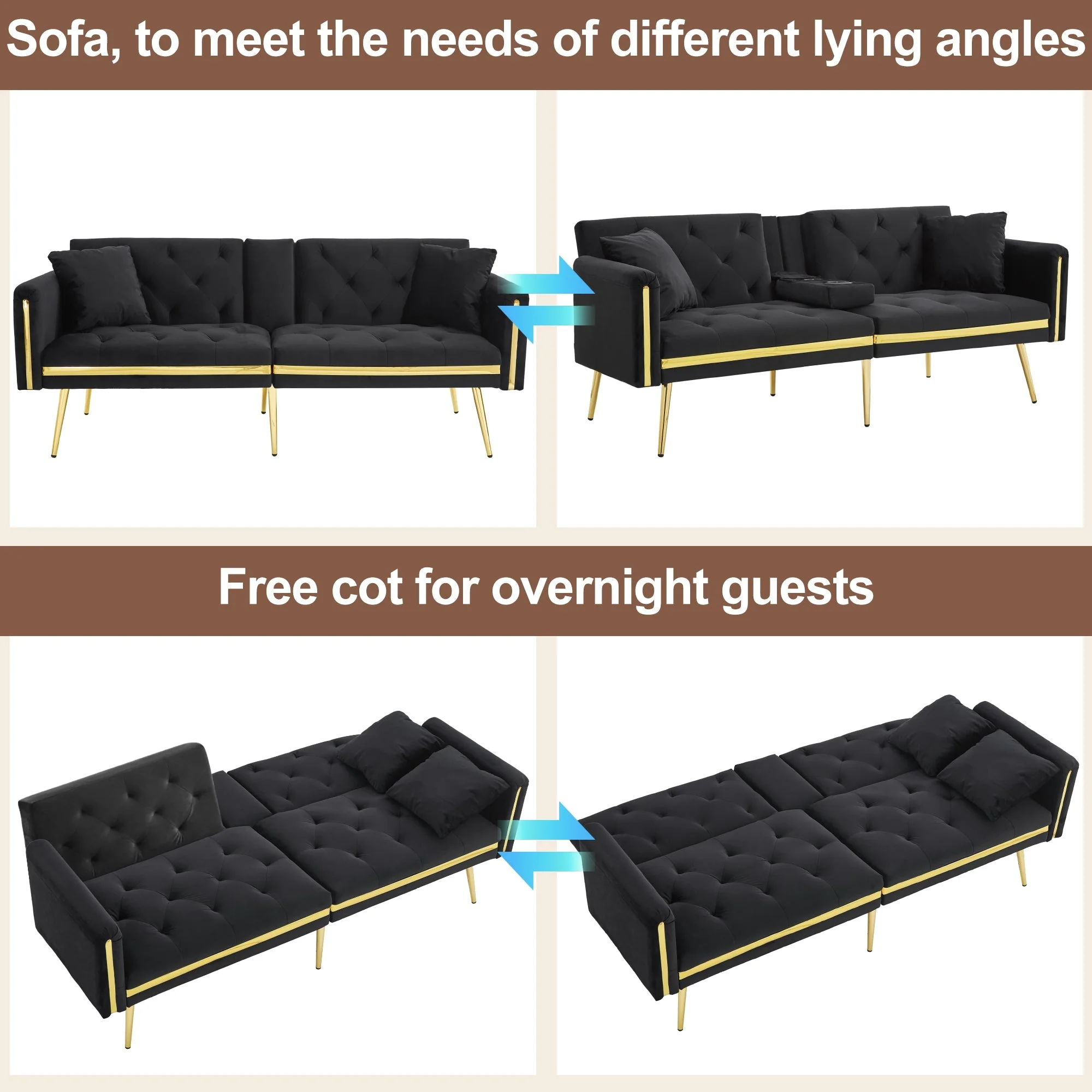 Two-seater Sofa Bed with Adjustable Backrest, Gold Accents, and Cup Holders - Velvet - Image 7