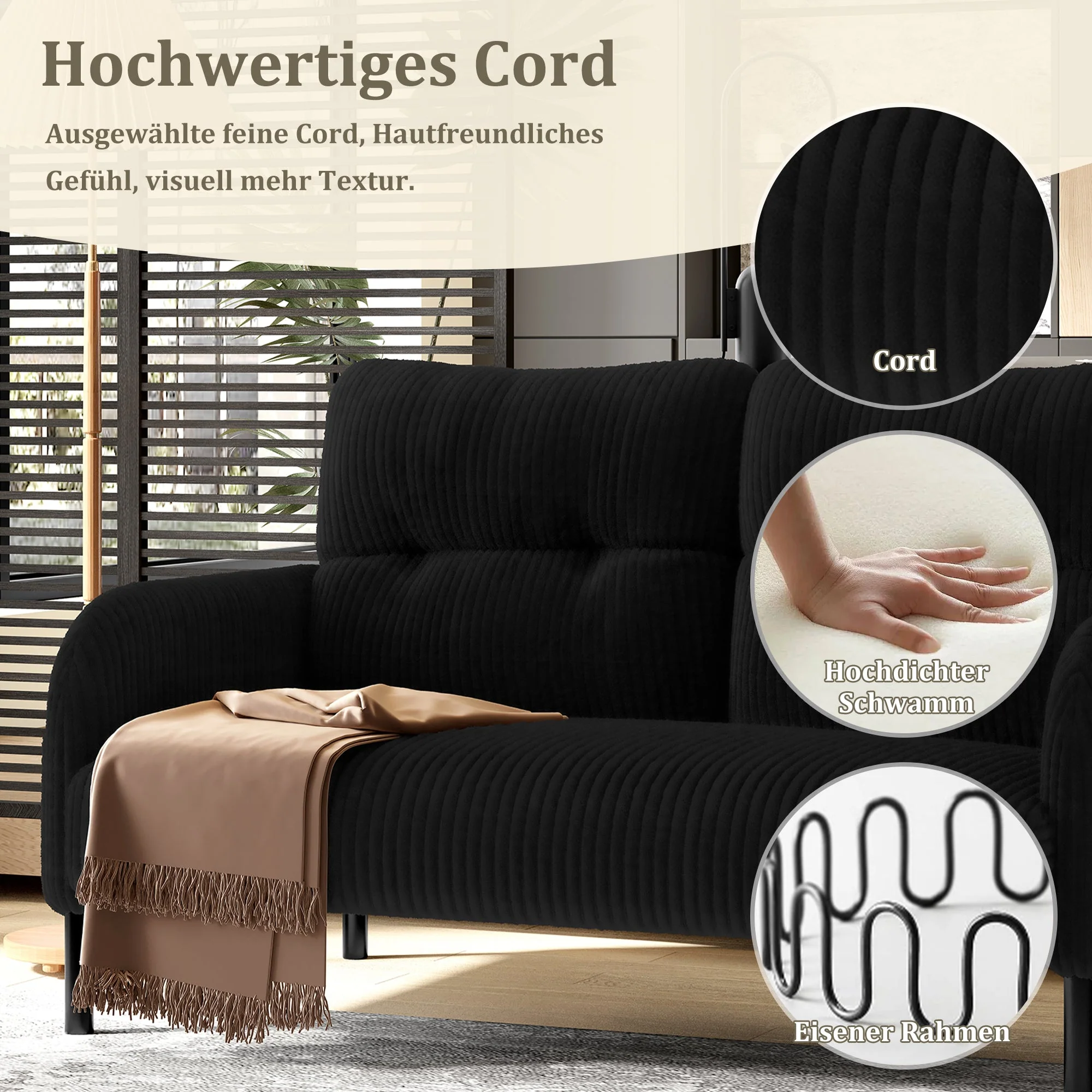 Two-Seater Sofa, Comfort Padding High Backrest Side Pockets Metal Feet, Corduroy - Image 3