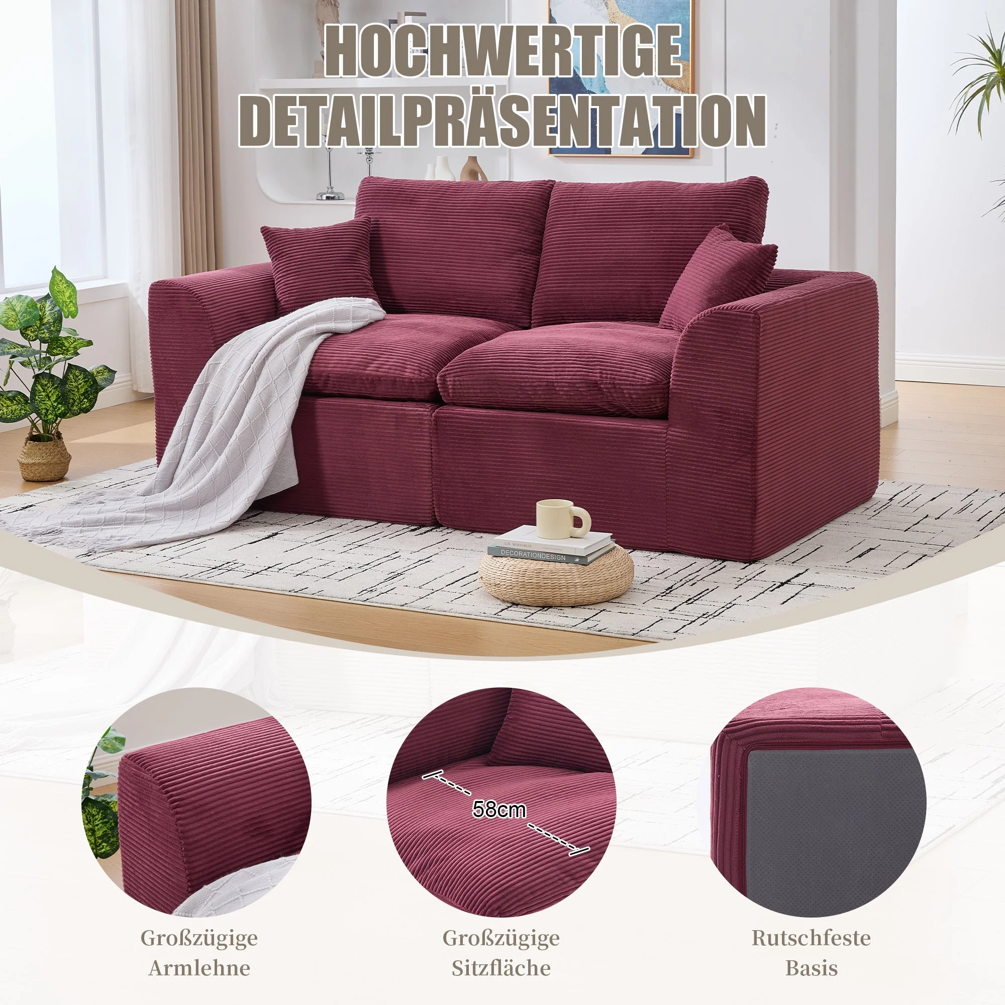 Two-seater Sofa Modern Minimalist Nordic with Cushions - Fabric - Image 3