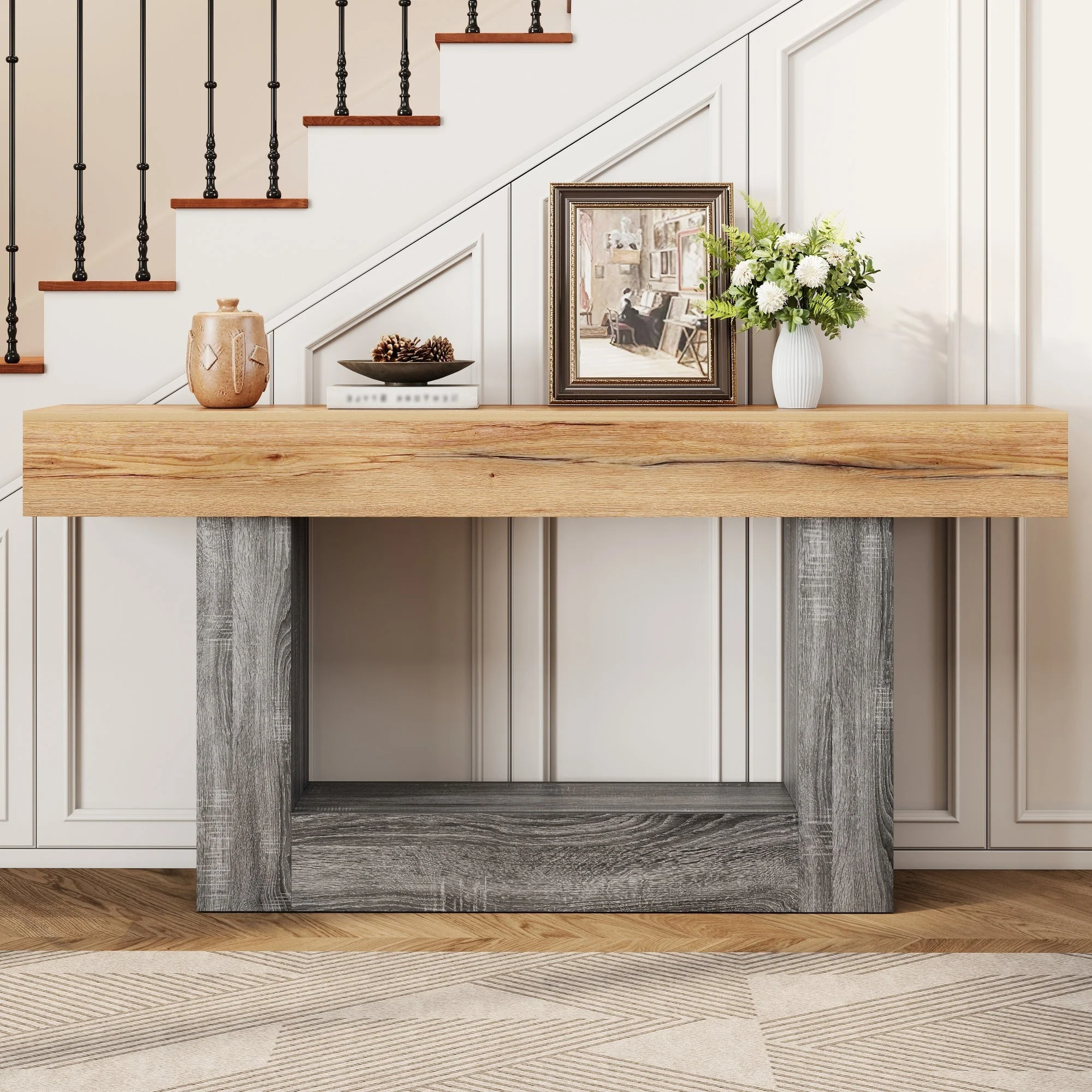 Two-Tone Console Table with Storage Shelf and Thick Tabletop, Wood Look Chipboard - Image 8