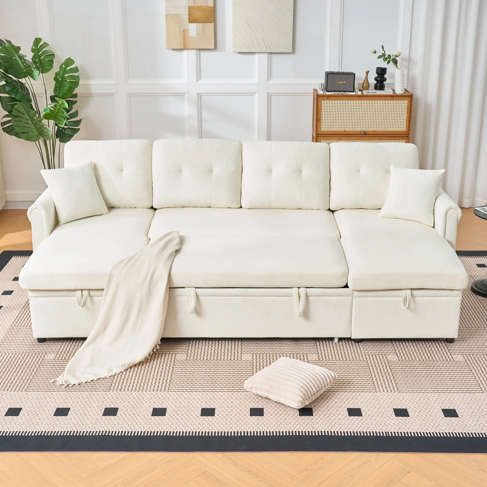 U-shaped Corner Sofa Sleeper Storage Couch - Chenille Beige - Image 4