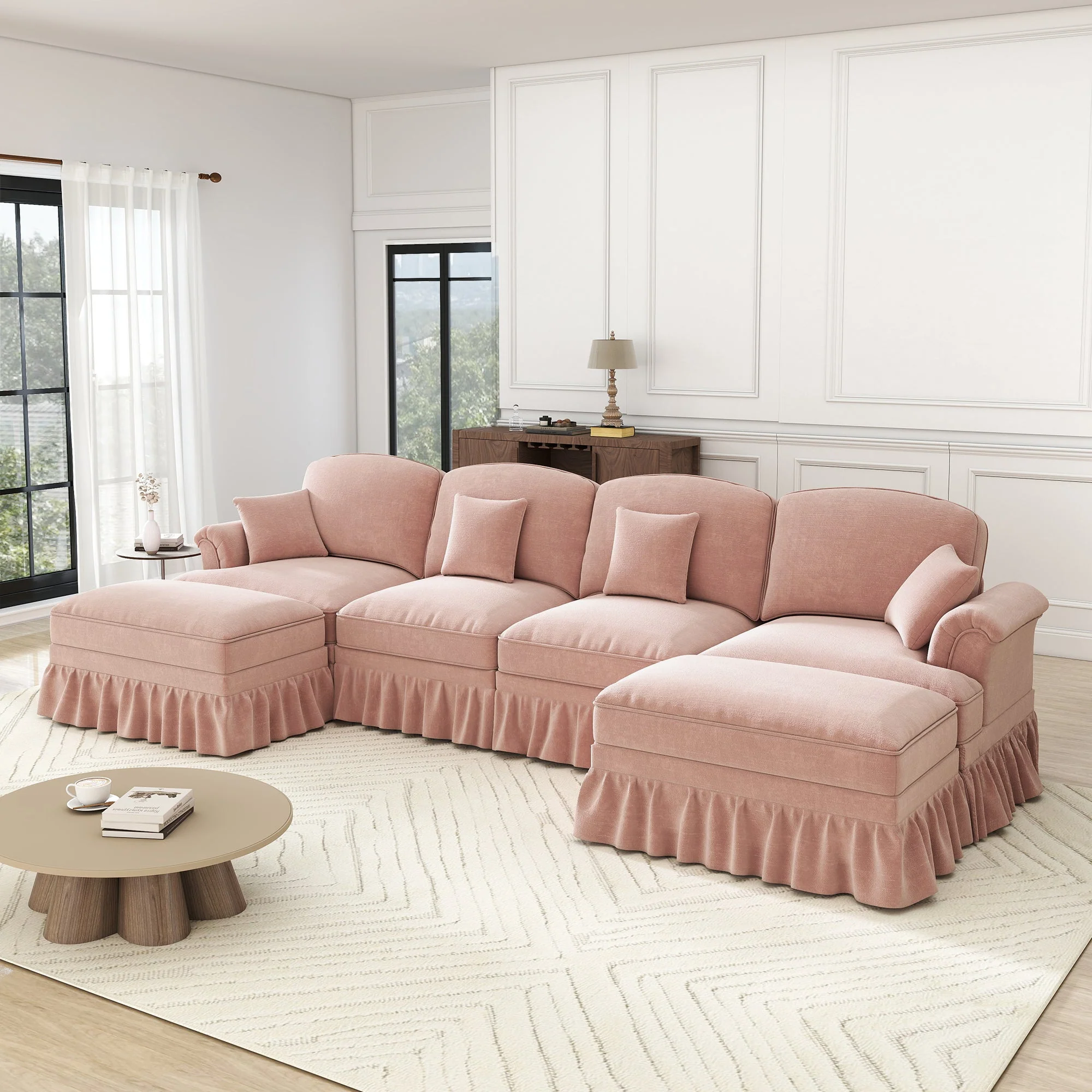 U-shaped Modular Sofa 4-Seater Chenille with Ottoman - Pink - Image 2