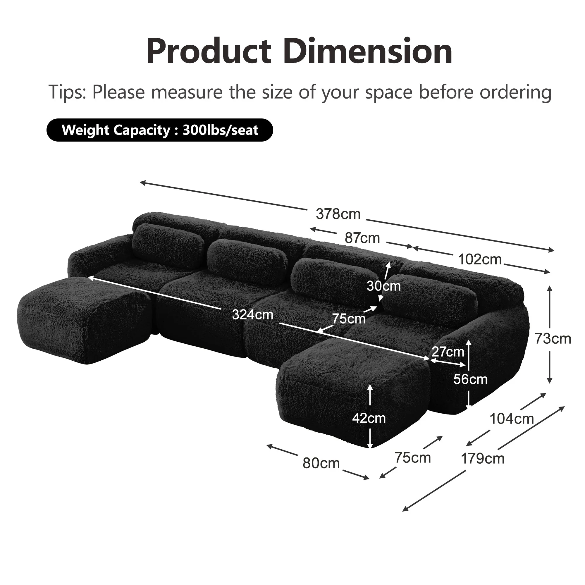 U-shaped Modular Sofa Freely Combinable No Assembly - Plush Black - Image 7