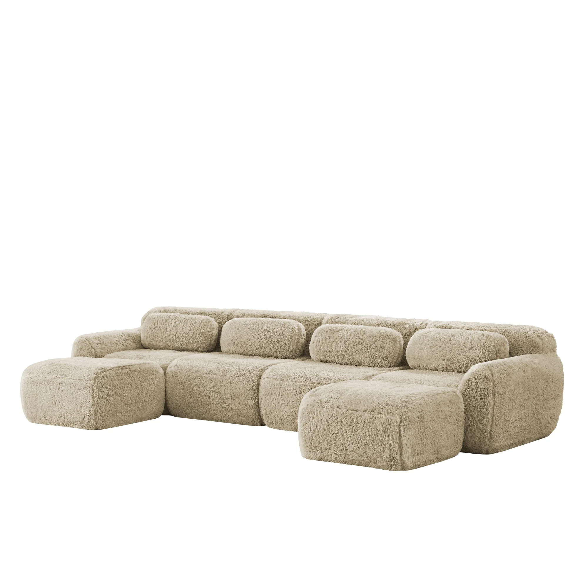 U-Shaped Modular Sofa - No Assembly, Plush Fabric - Light Khaki - Image 4