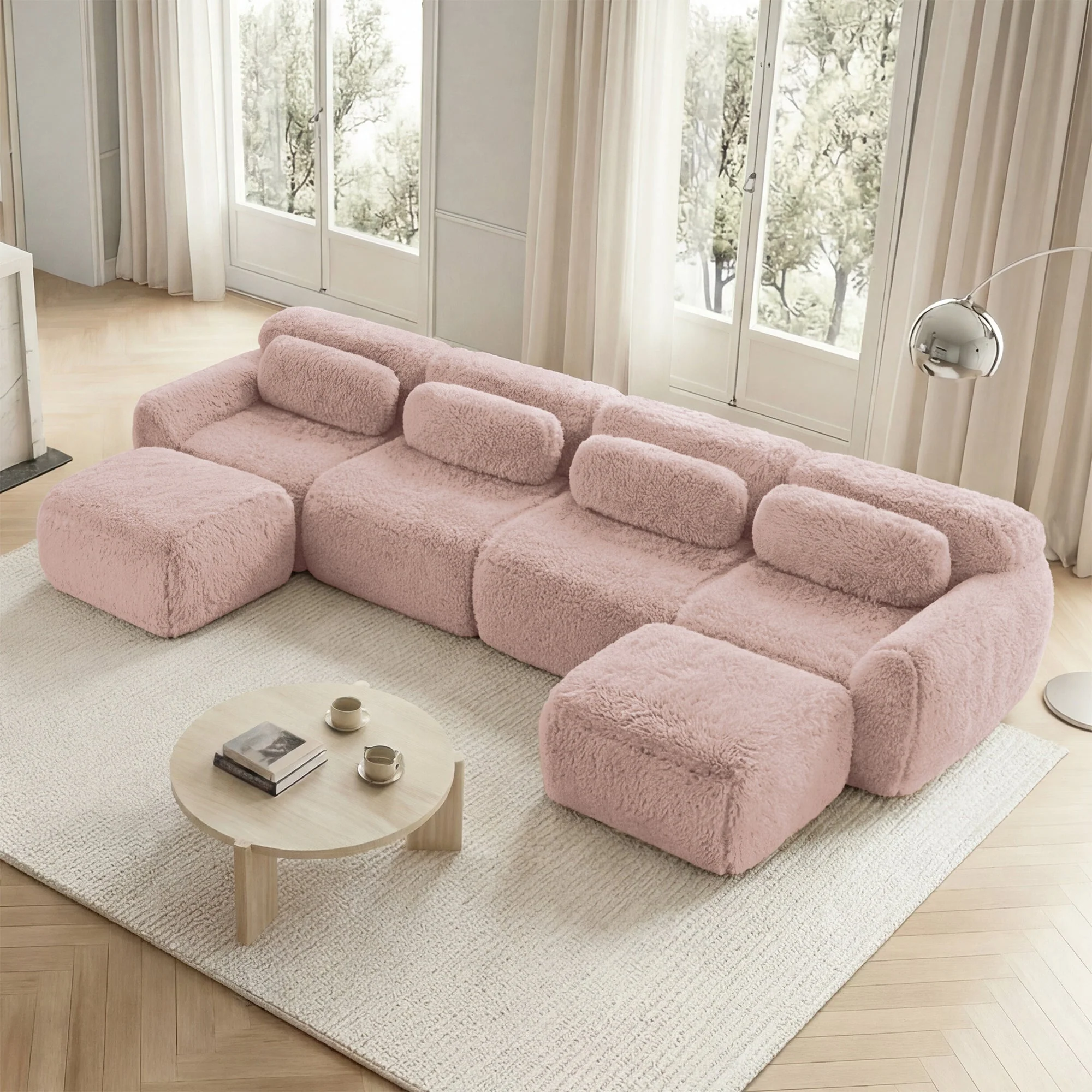 U-Shaped Modular Sofa No Assembly Plush Fabric - Pink - Image 3