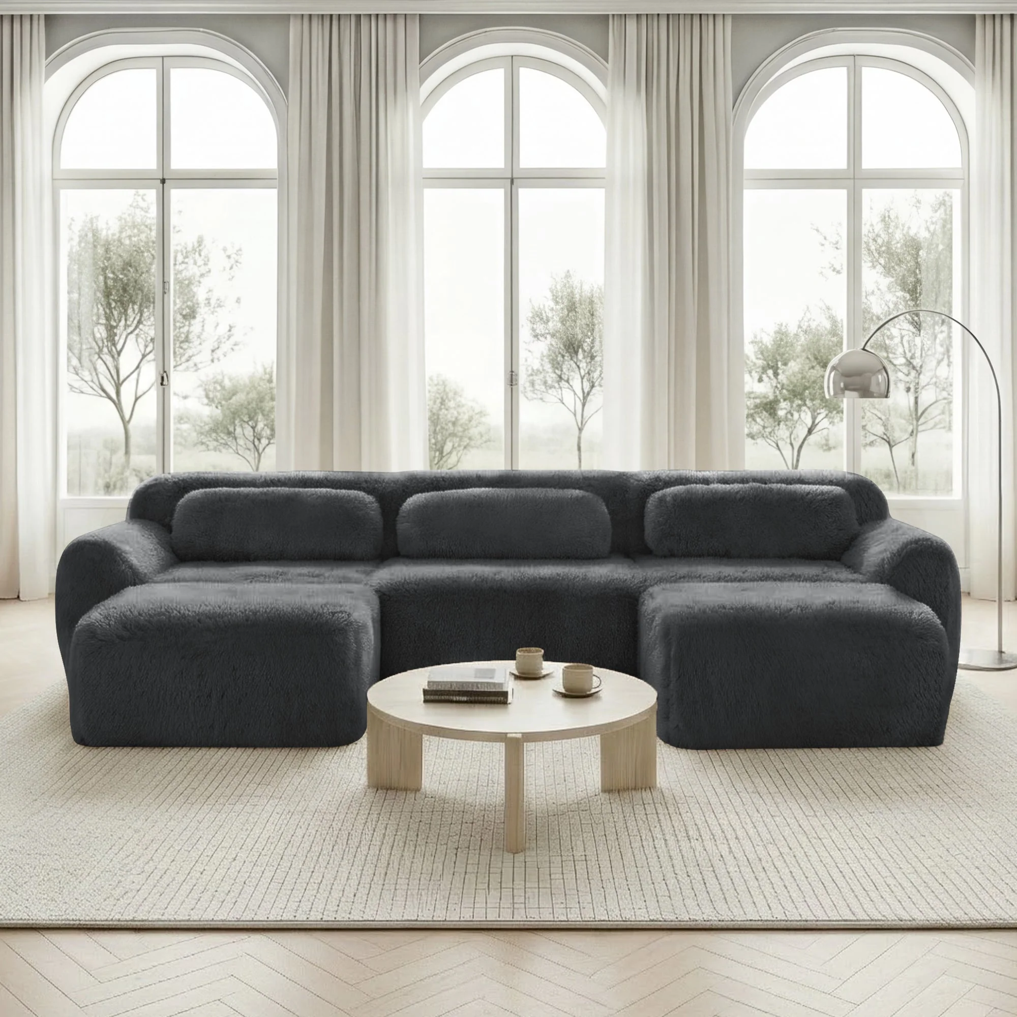 U-shaped Modular Sofa Plush Fabric High-Resilience Foam - Grey - Image 2